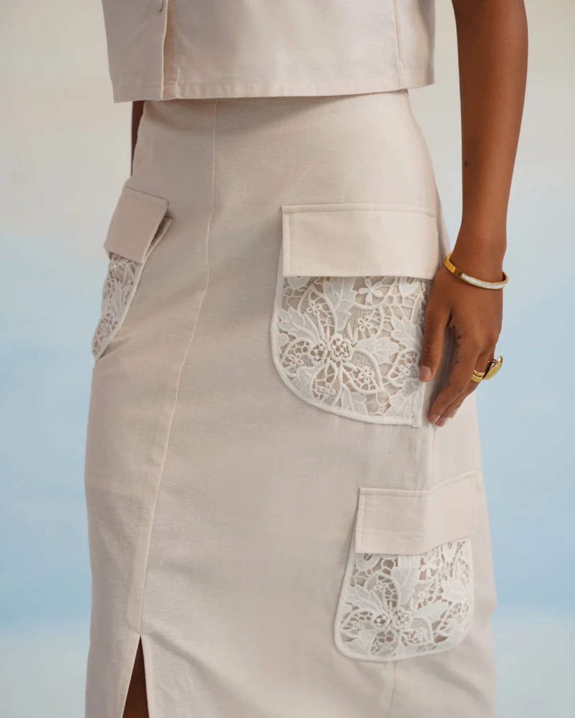 The Oasis Ivory Lace-Detailed Cargo Skirt Set | 24-Hr Dispatch