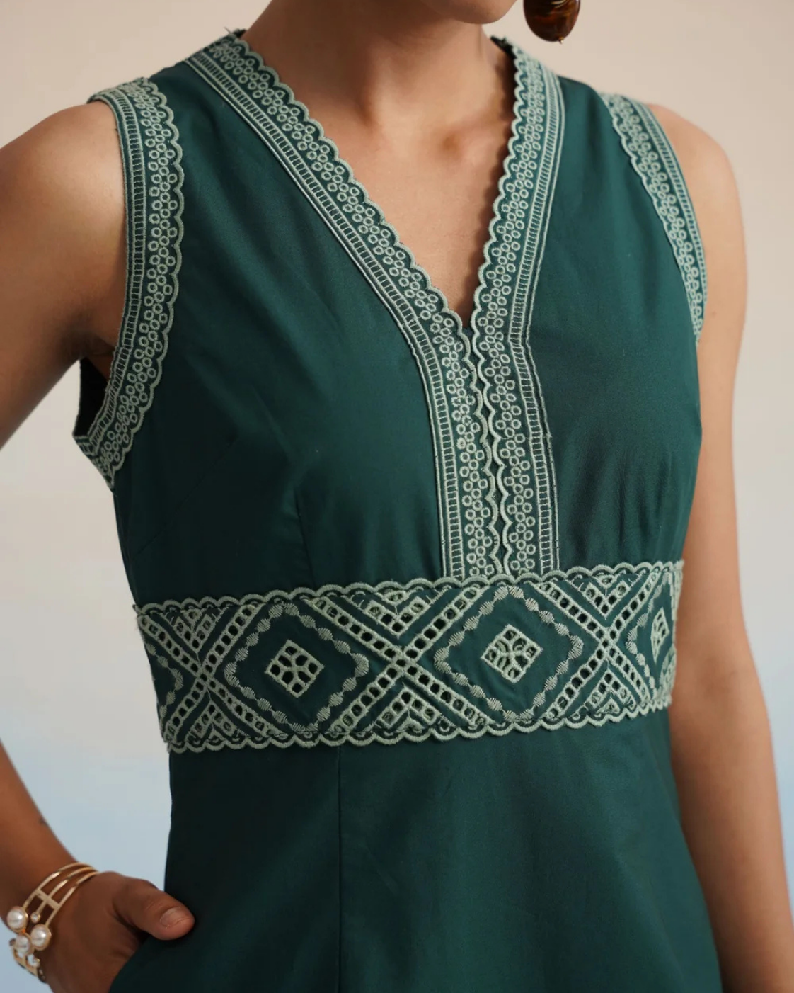 The Emerald Lattice Embroidered Midi Dress