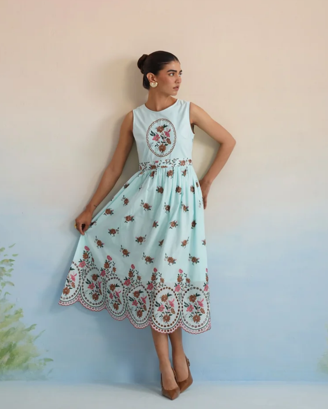 Bulevar Blossom - The Azure Floral Embroidered Scalloped Midi Dress