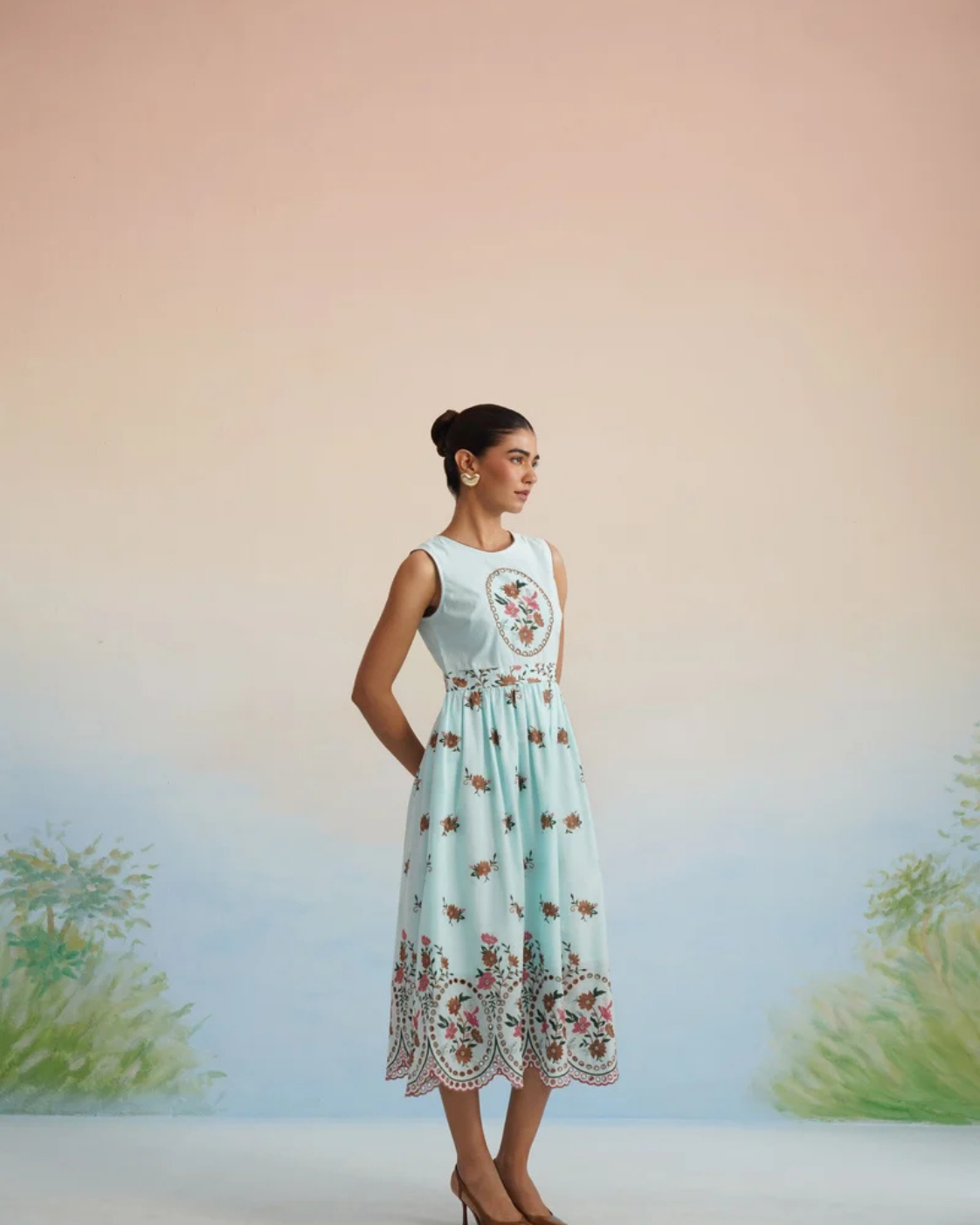 The Azure Floral Embroidered Scalloped Midi Dress