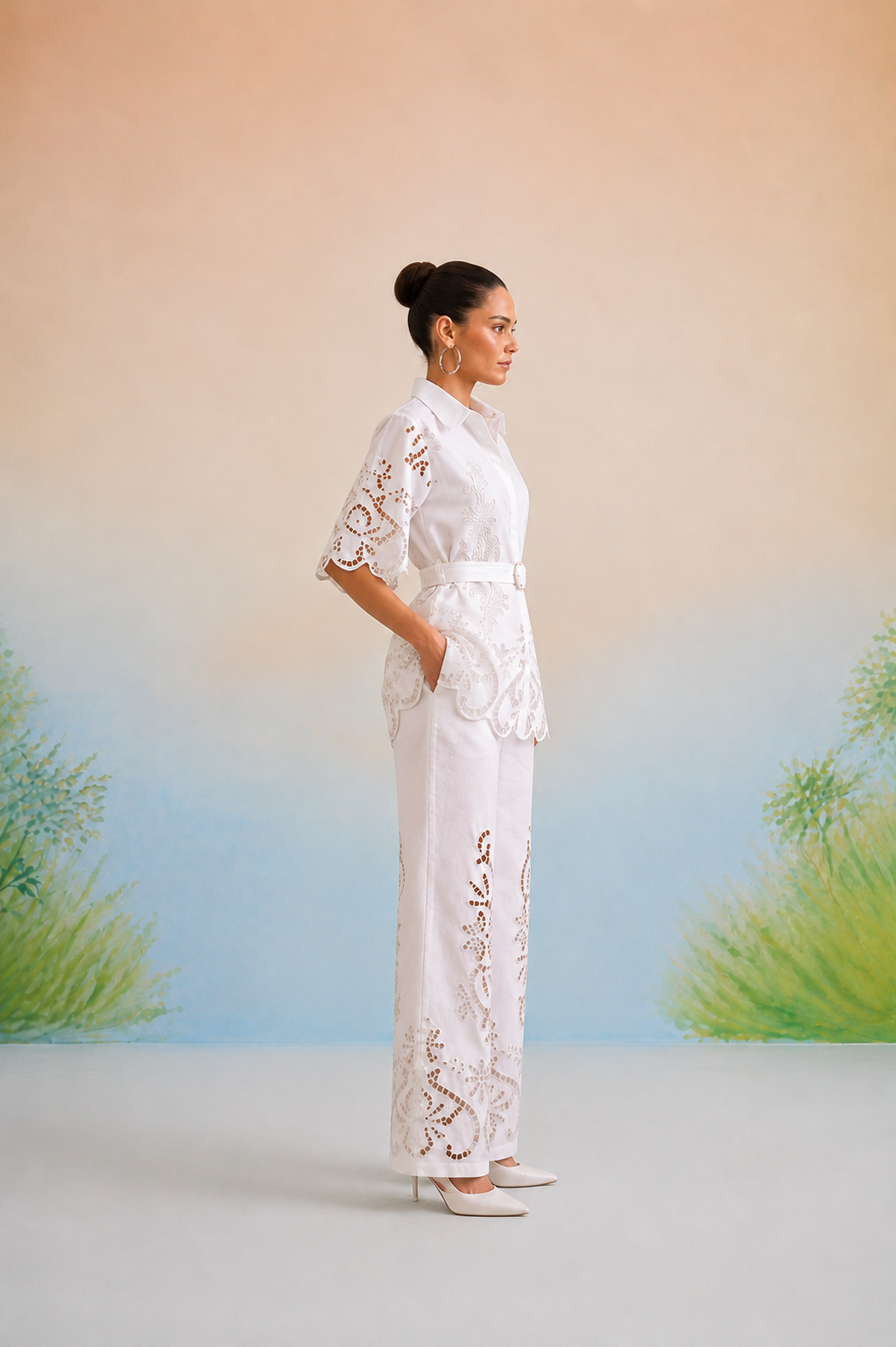 Payal Sewani in The Casablanca Ivory White Cutwork Shirt & Pant Set