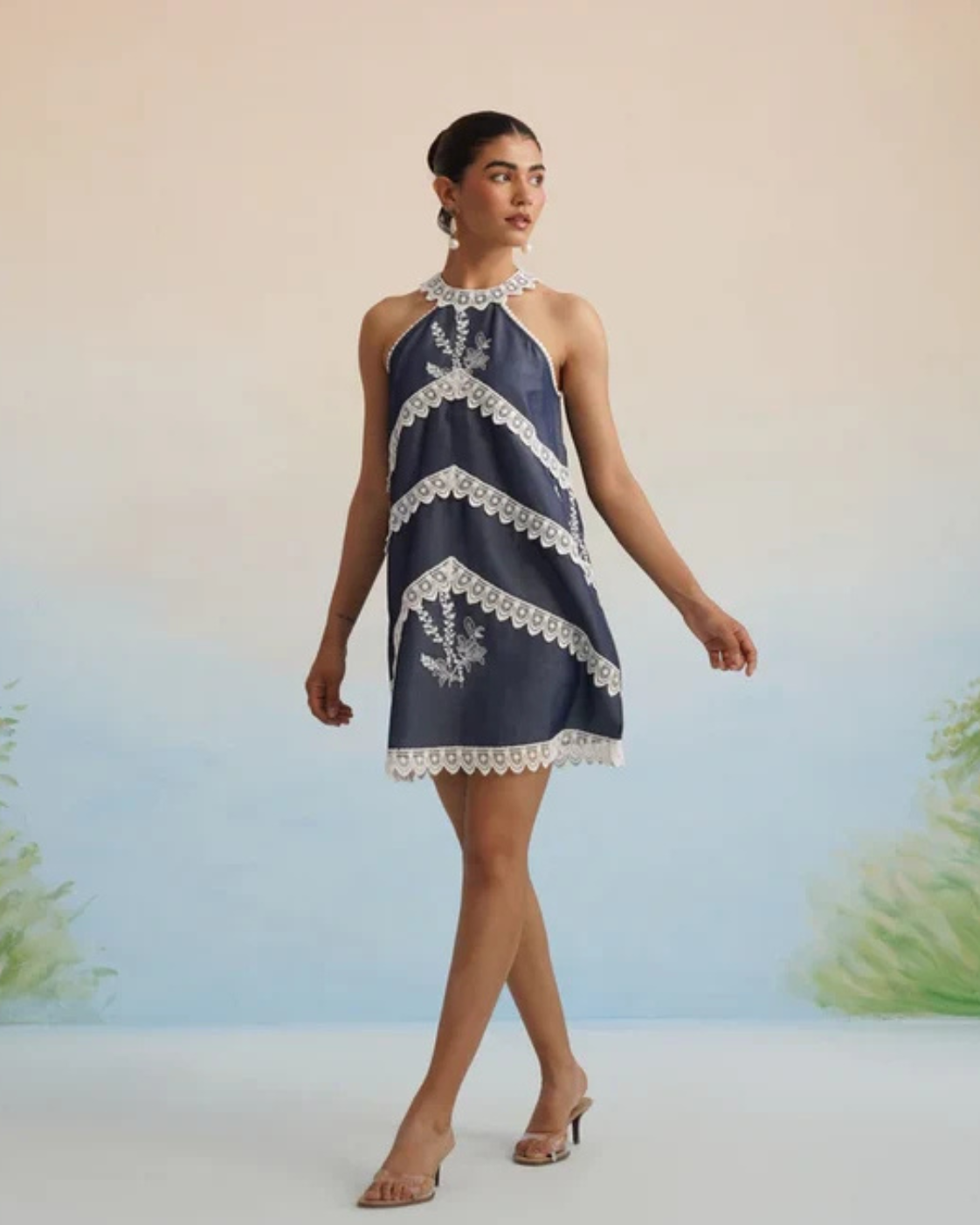The Riviera Indigo Lace Halter Mini Dress