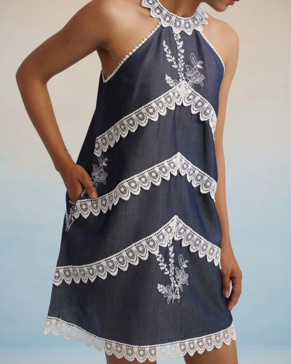 The Riviera Indigo Lace Halter Mini Dress