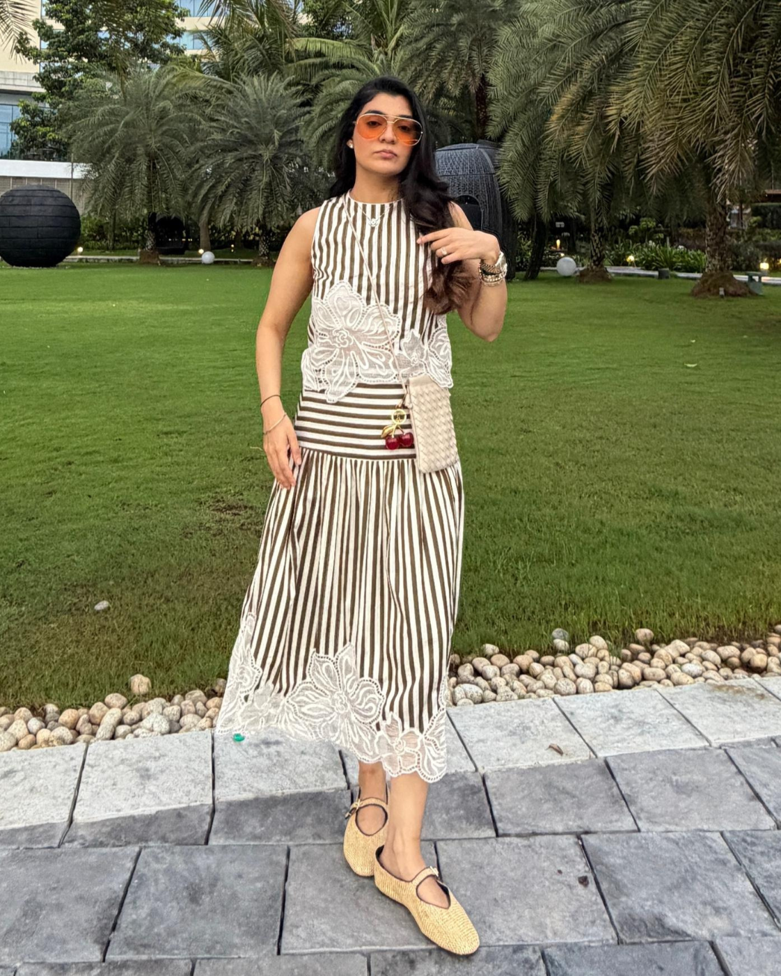 Srishti Chhabria | TheCisterCo in The Olive Stripe Floral Appliqué Ensemble: Two-Piece Skirt Set