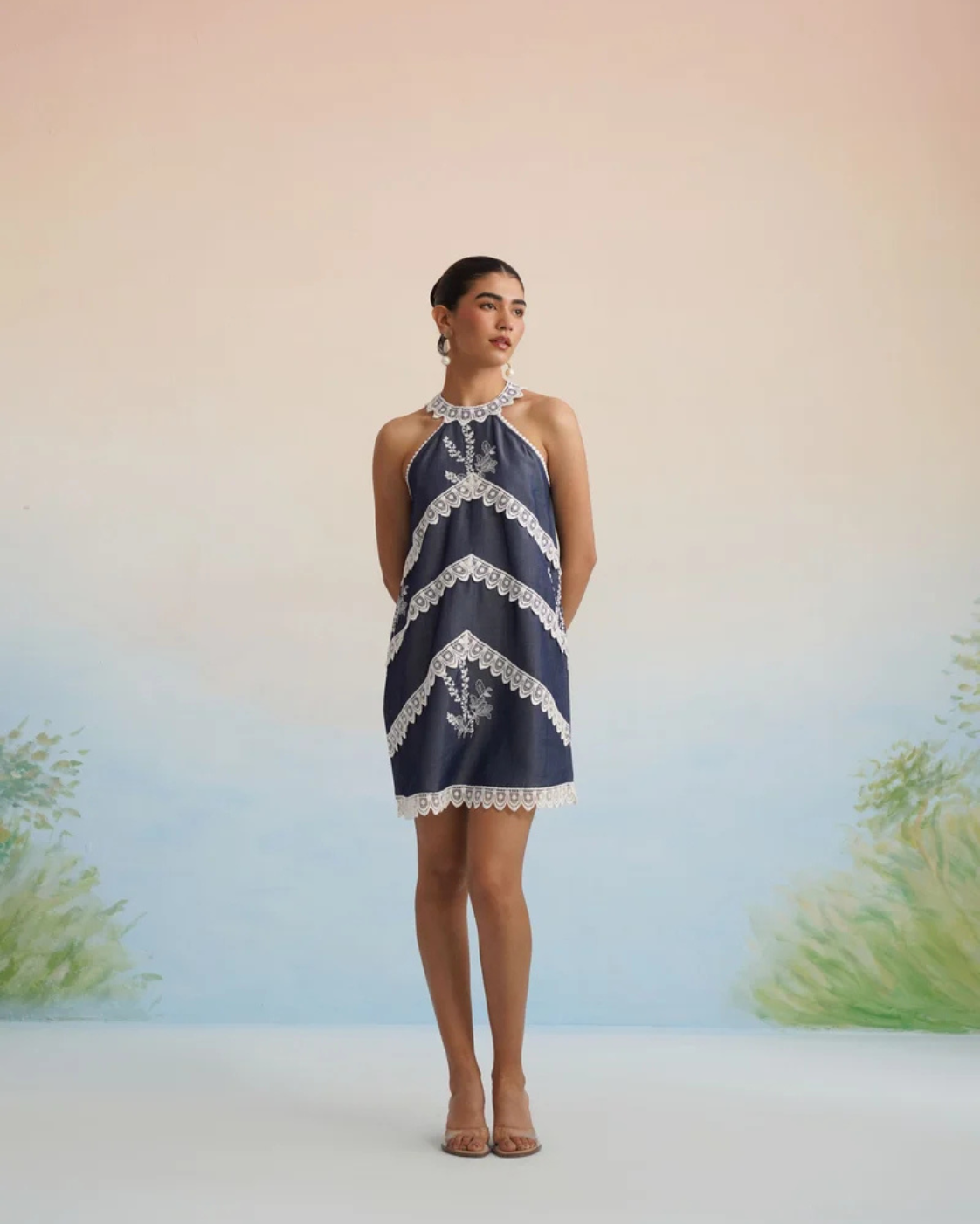 The Riviera Indigo Lace Halter Mini Dress