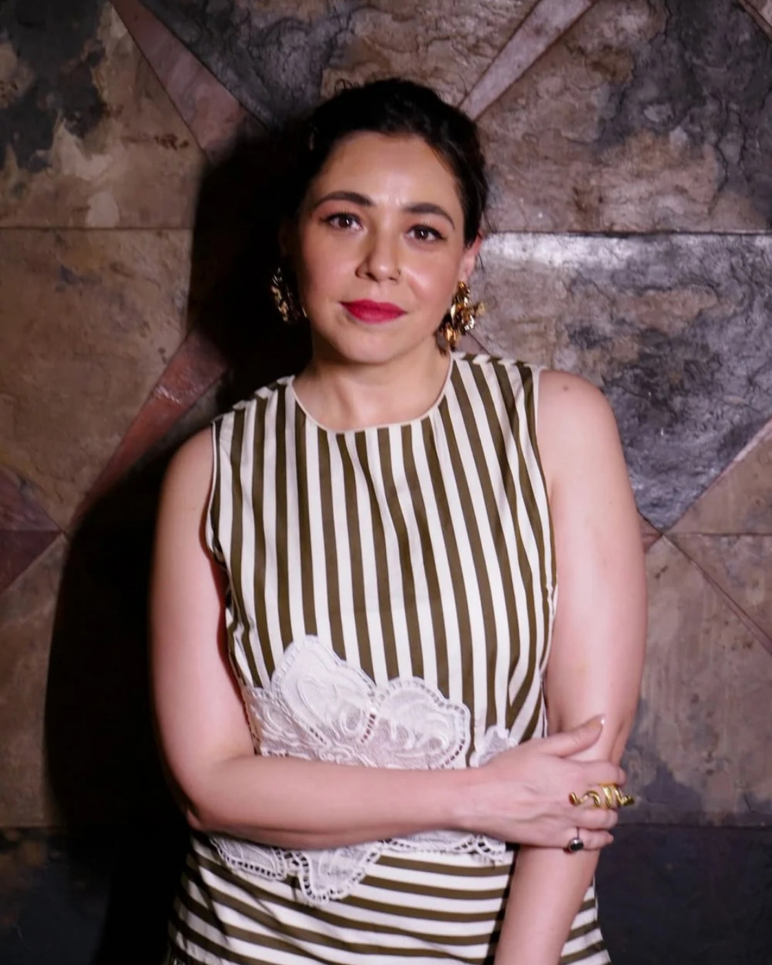 Maanvi Gagroo in The Olive Stripe Floral Appliqué Ensemble: Two-Piece Skirt Set