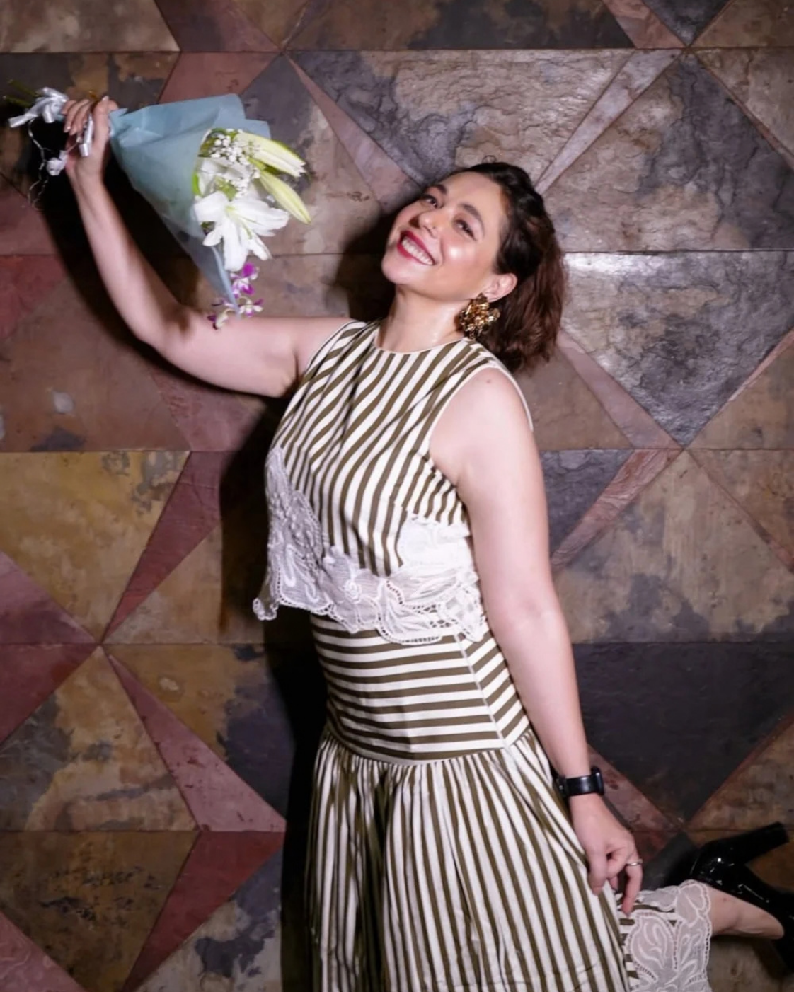 Maanvi Gagroo in The Olive Stripe Floral Appliqué Ensemble: Two-Piece Skirt Set