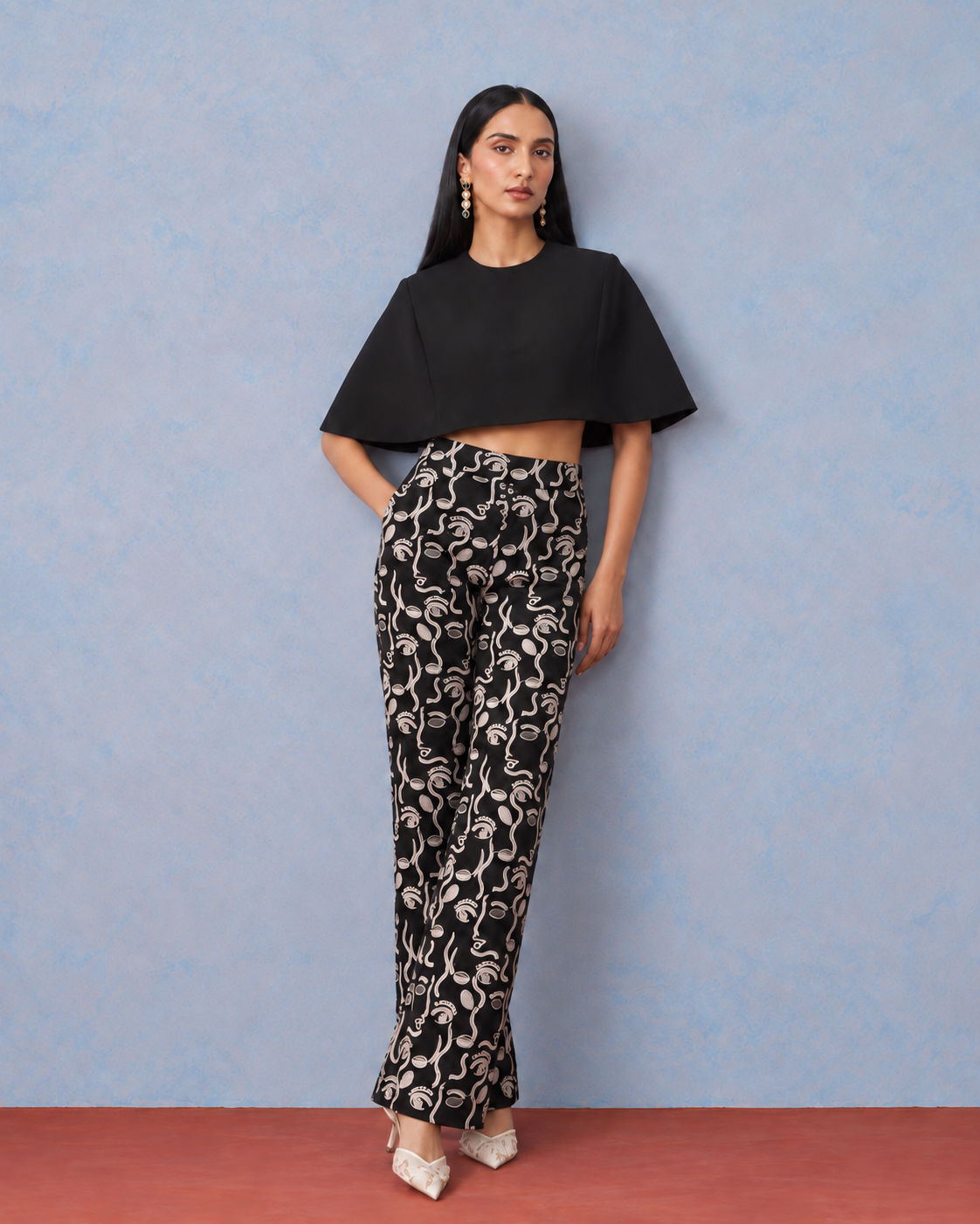 The Nyx Cropped Cape & Abstract Embroidered Trouser Set