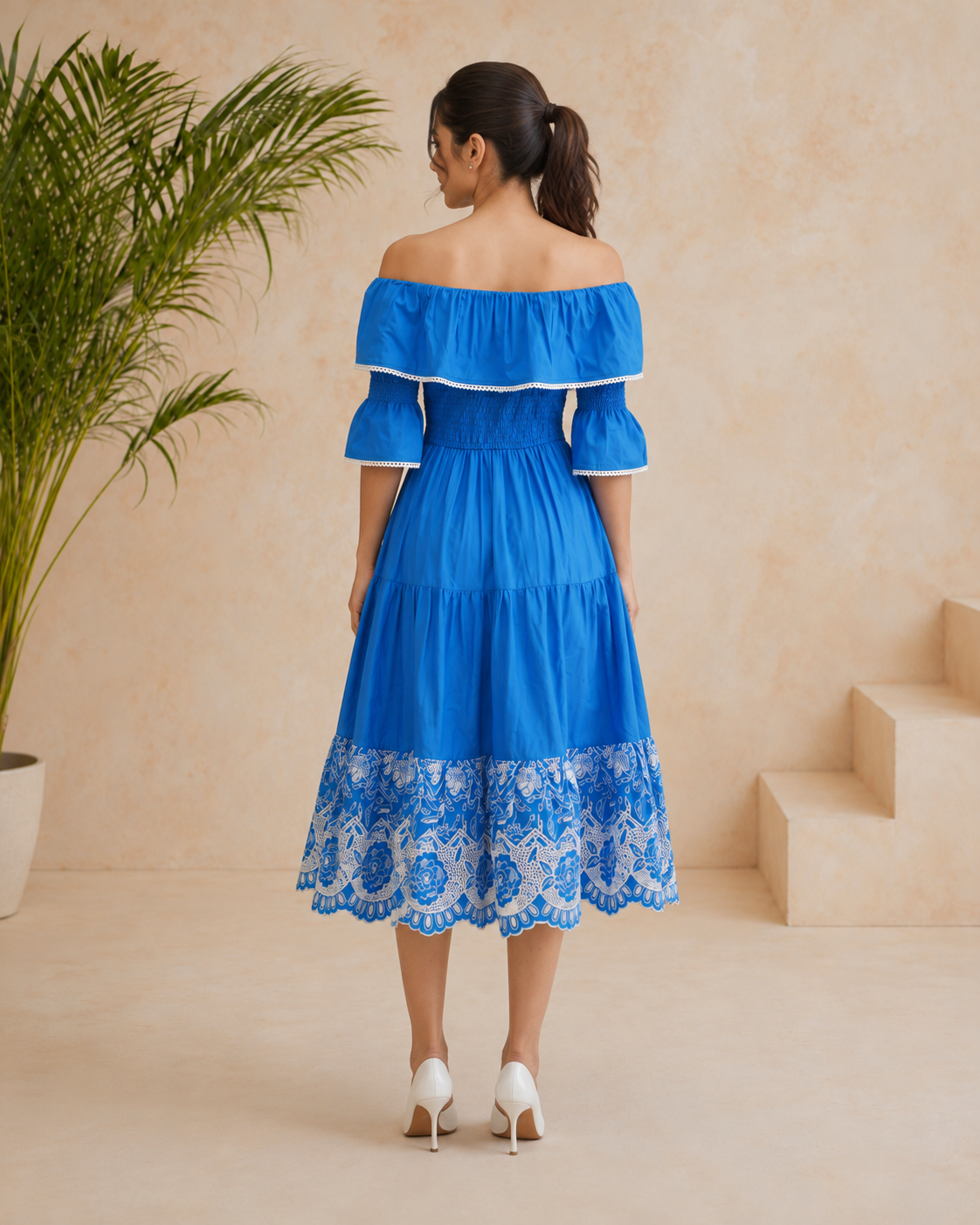 The Santorini Blue Embroidered Midi Dress