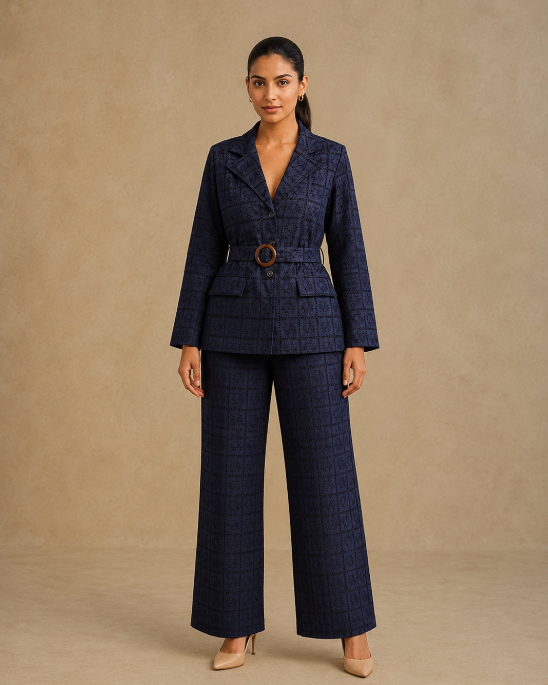 Punany Virmani in The Midnight Navy Eyelet Belted Trouser Suit
