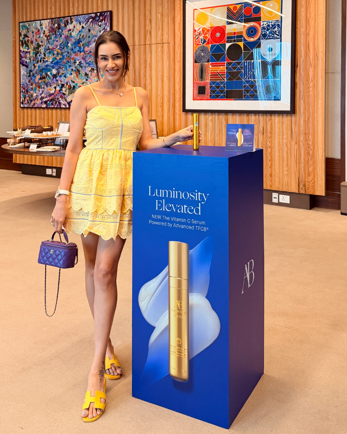 Smriti Khanna in The Marigold Eyelet Corset Mini Dress