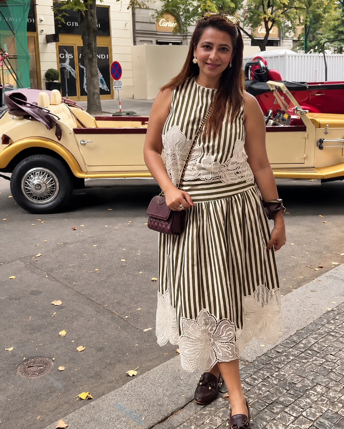 Purva Kirolikar in The Olive Stripe Floral Appliqué Ensemble: Two-Piece Skirt Set