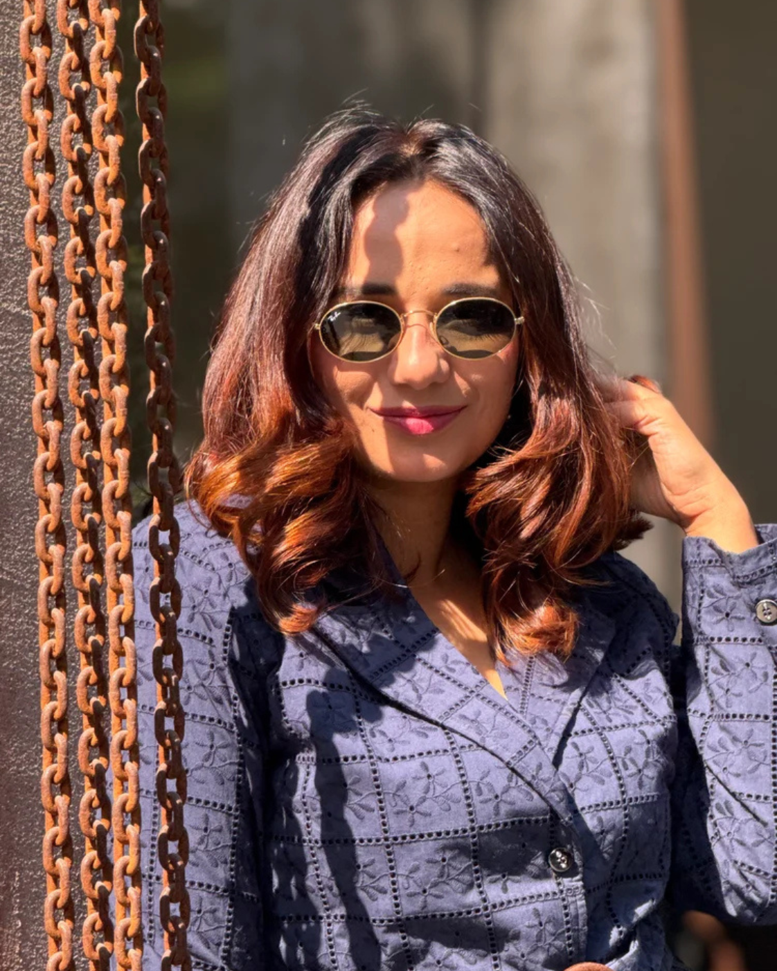Deepika Kewalraman in The Midnight Navy Eyelet Belted Trouser Suit