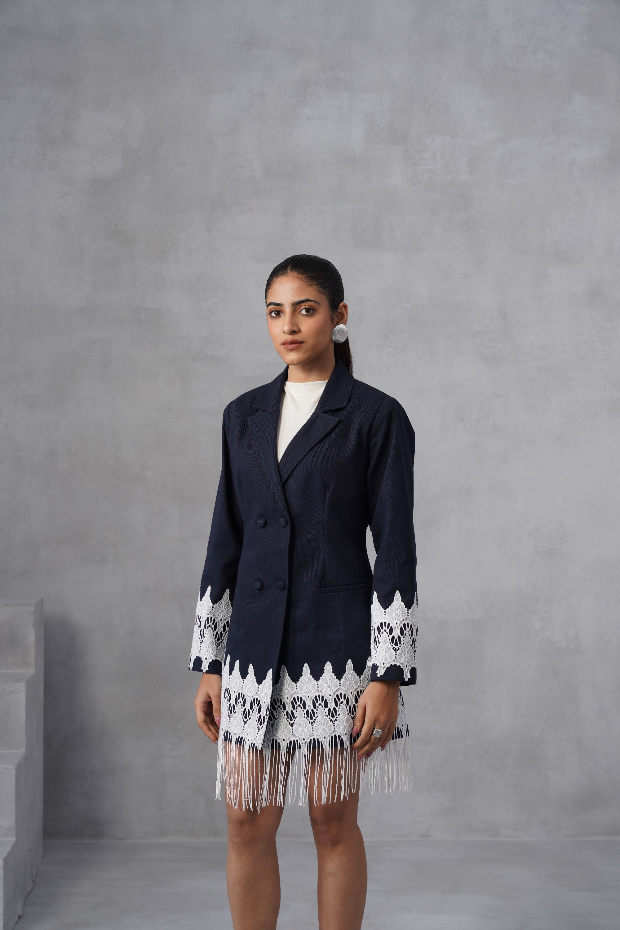 Navy Fringe Blazer Dress