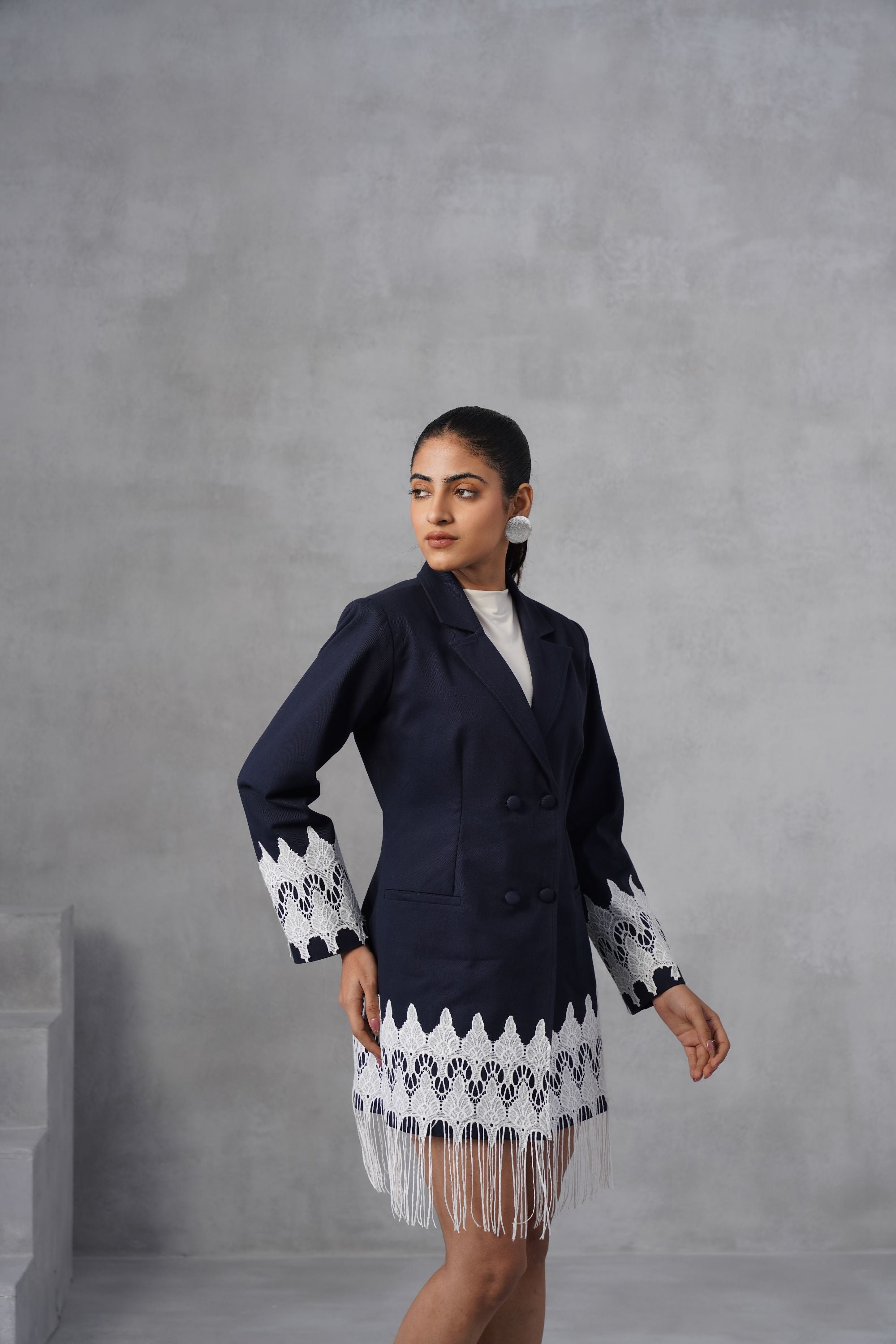 Navy Fringe Blazer Dress