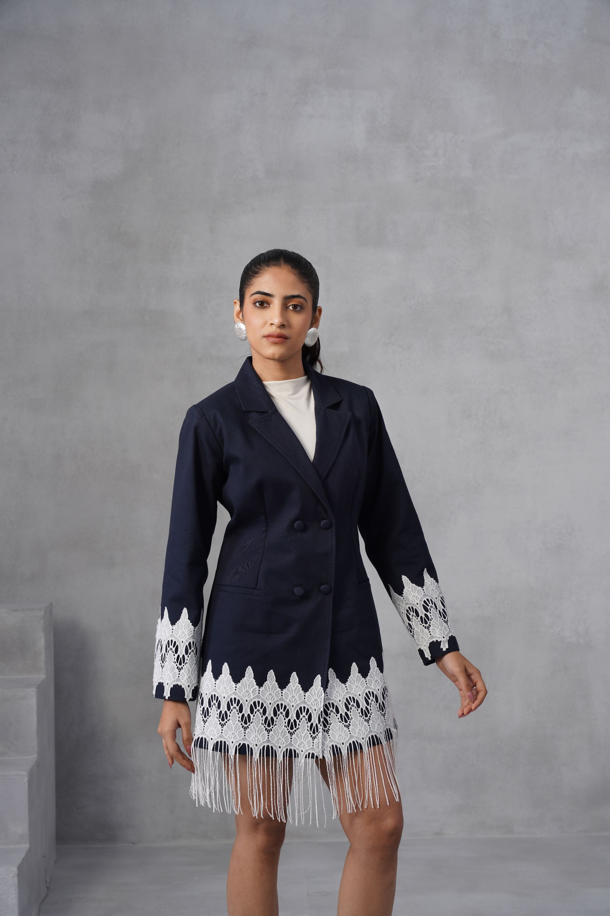 Navy Fringe Blazer Dress