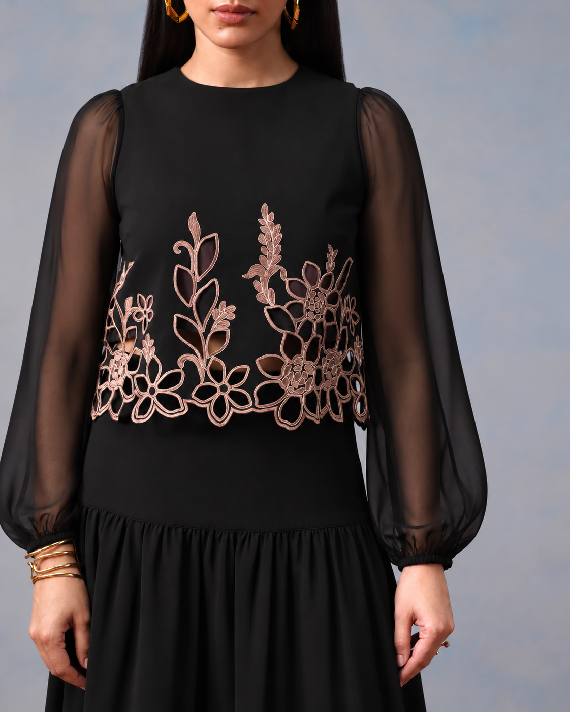 The Vesper Noir Cutwork Embroidered Skirt Set