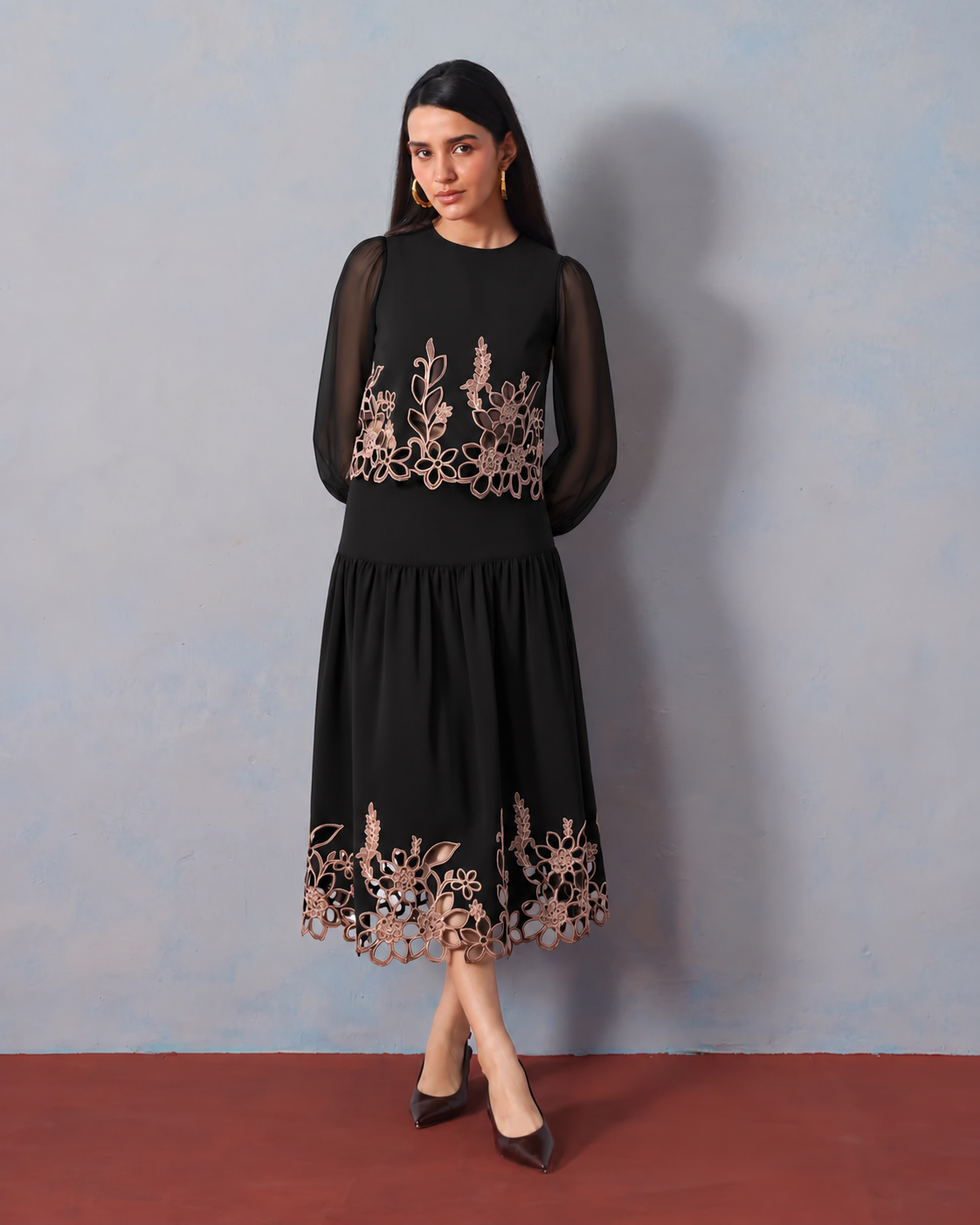 The Vesper Noir Cutwork Embroidered Skirt Set