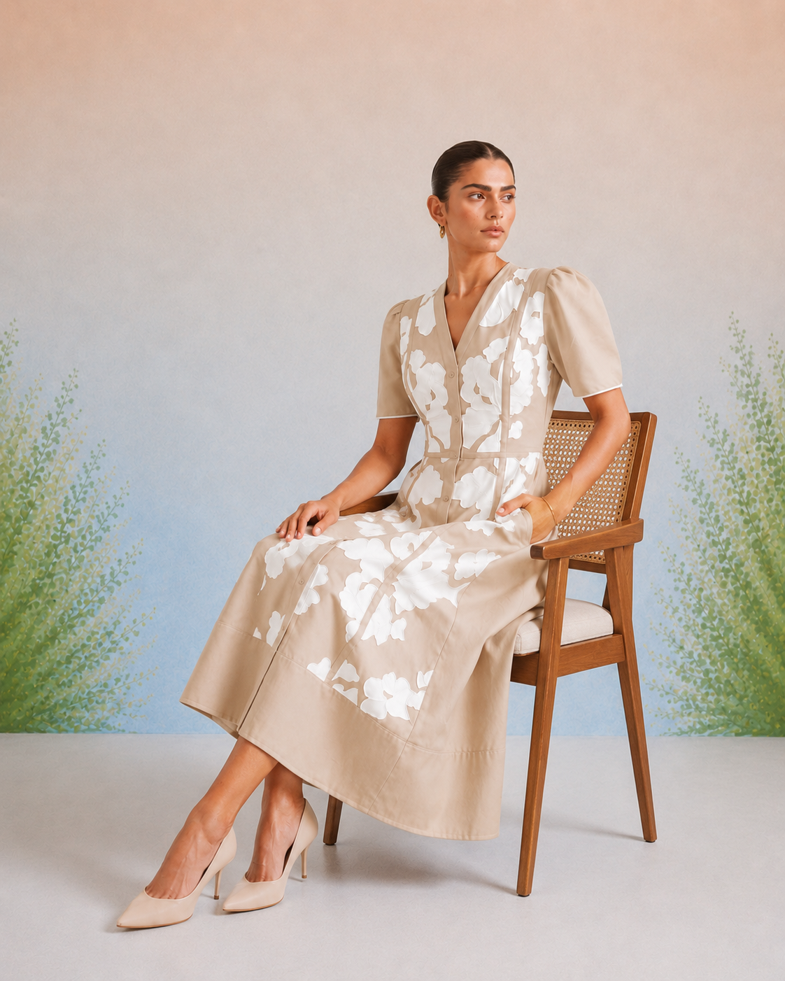 Bulevar Blossom - The Vienna Beige Appliqué Midi Dress