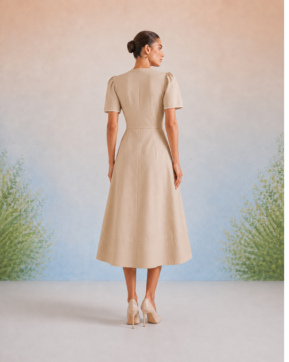 The Vienna Beige Appliqué Midi Dress
