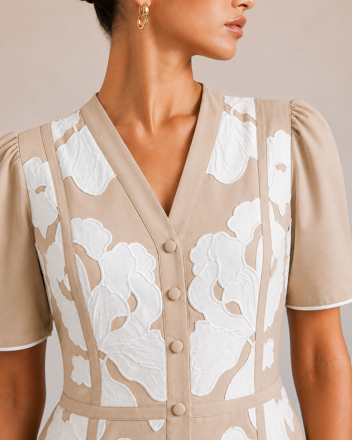 The Vienna Beige Appliqué Midi Dress