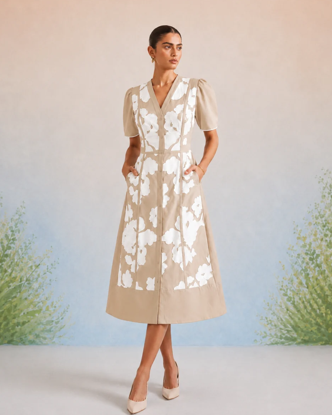 Bulevar Blossom - The Vienna Beige Appliqué Midi Dress