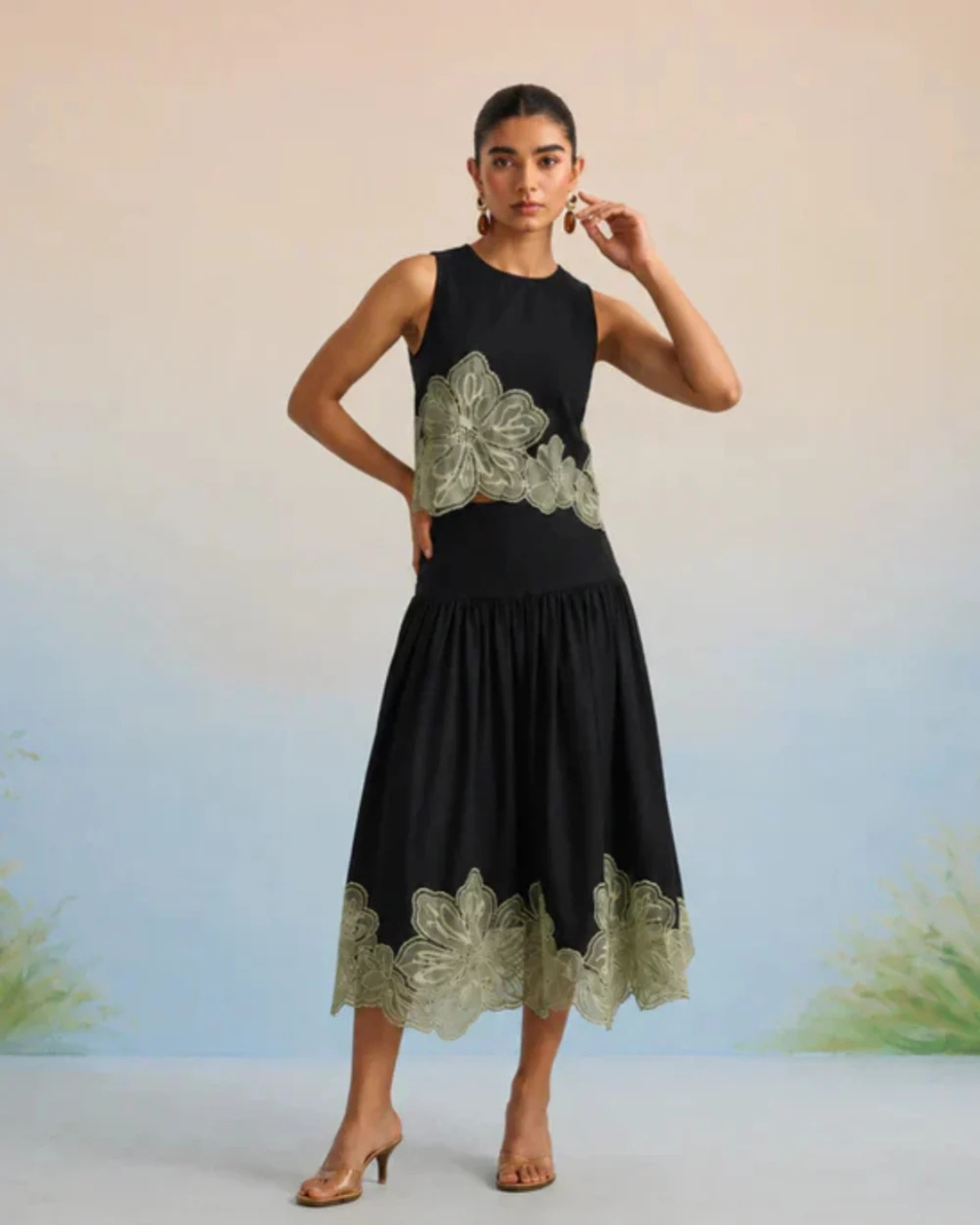 The Milan Noir & Sage Appliqué Skirt Set