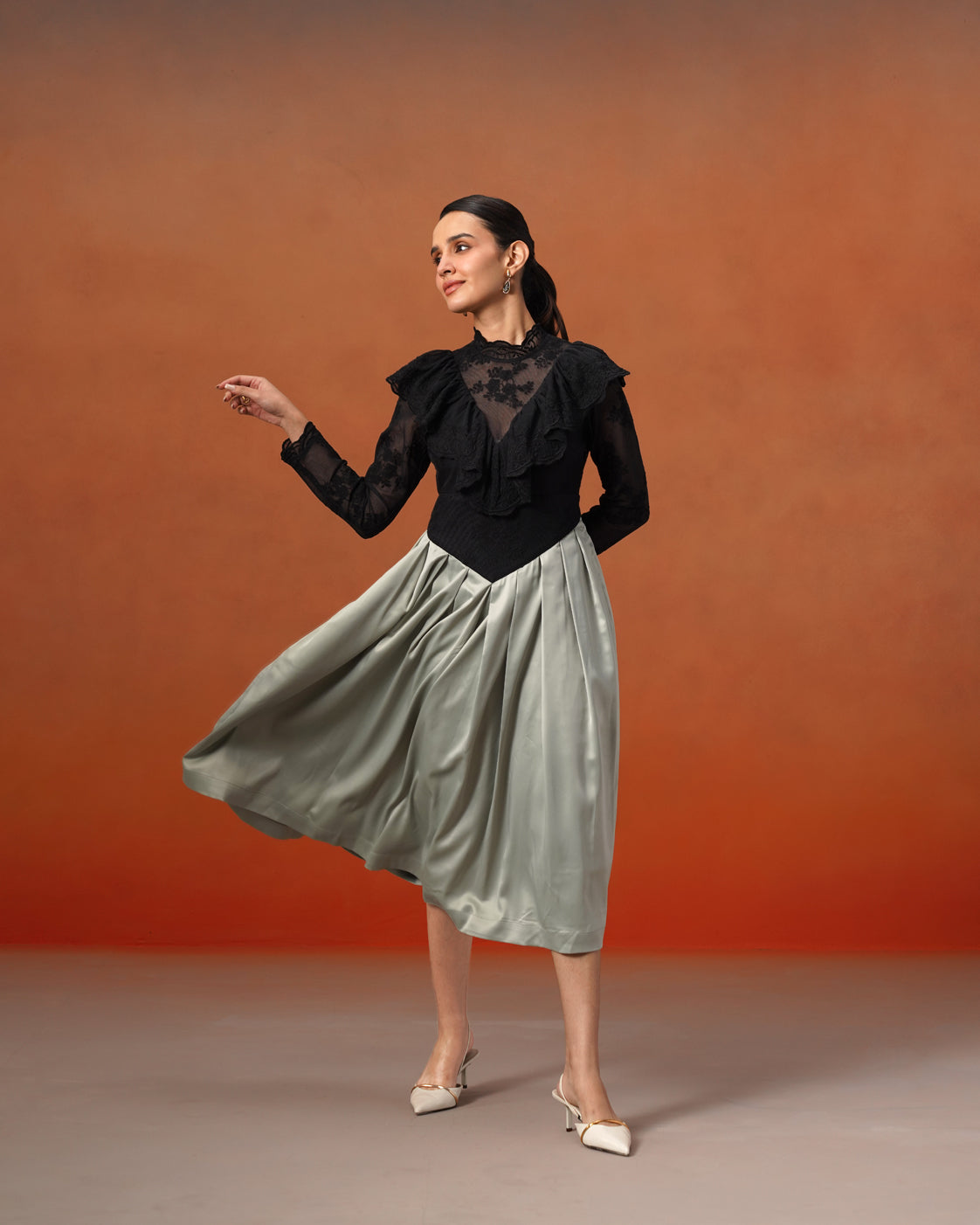 The Celeste Noir & Sage Pleated Dress