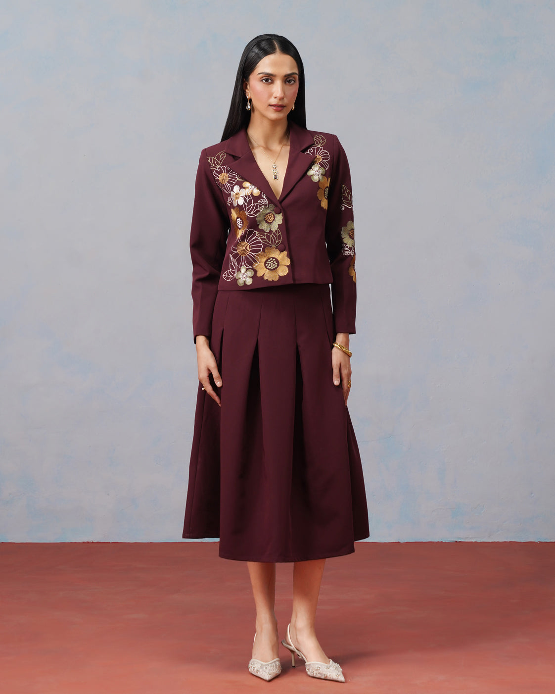 The Lumière Edit - The Valentina Burgundy Embroidered Blazer & Pleated Skirt Set