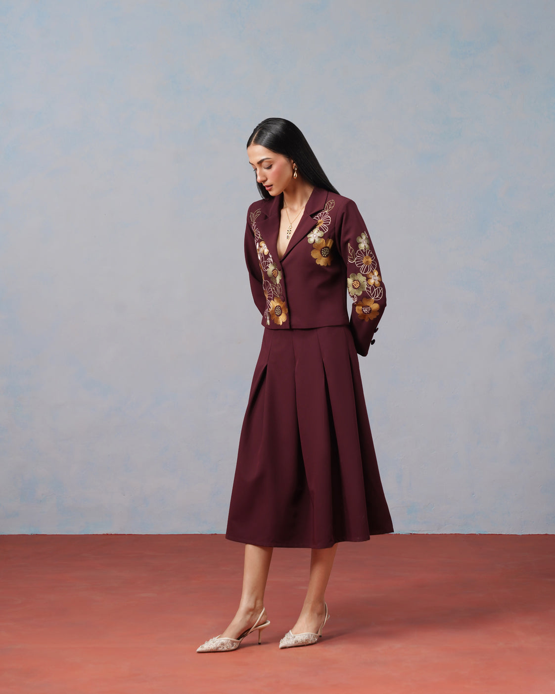The Lumière Edit - The Valentina Burgundy Embroidered Blazer & Pleated Skirt Set
