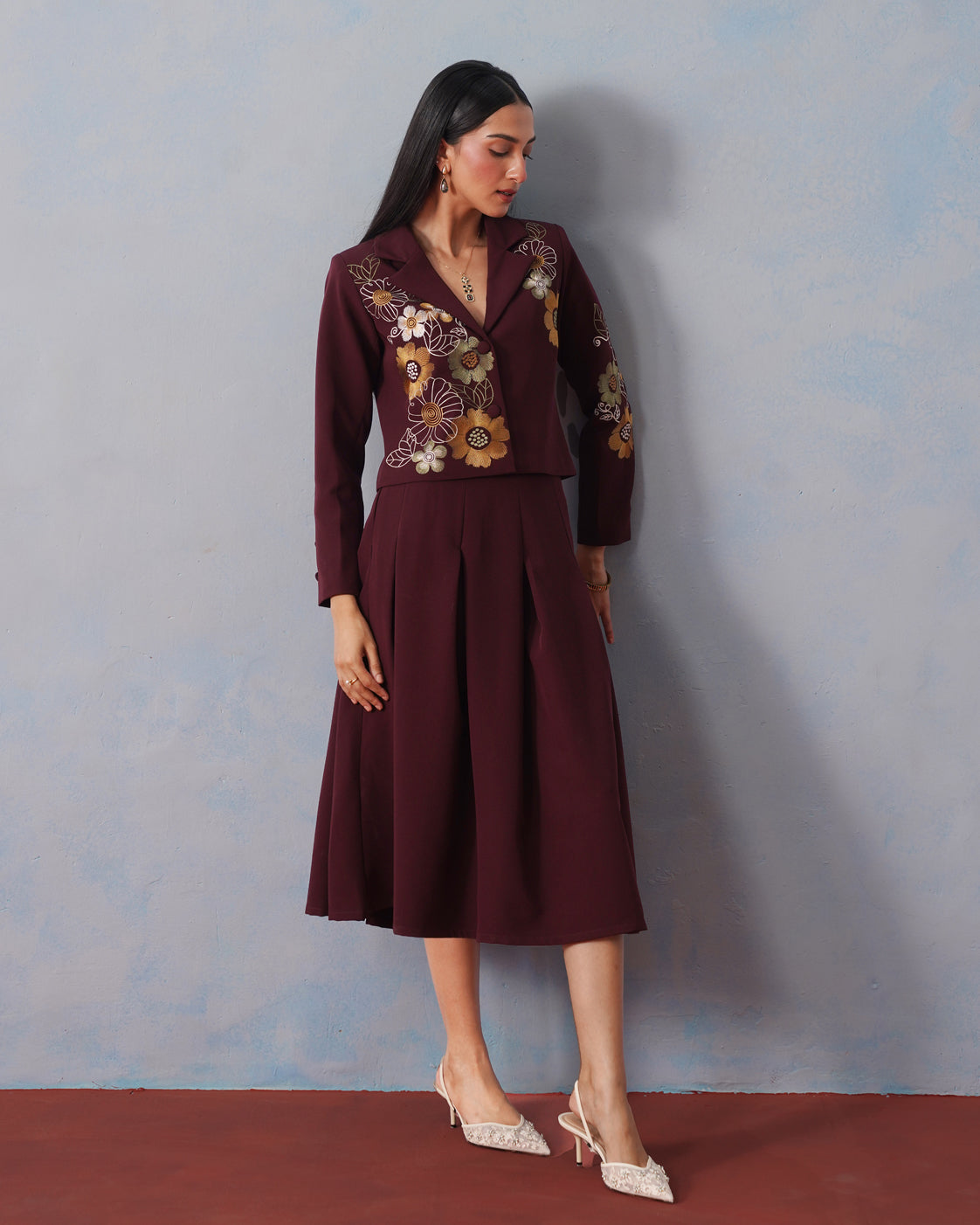 The Lumière Edit - The Valentina Burgundy Embroidered Blazer & Pleated Skirt Set