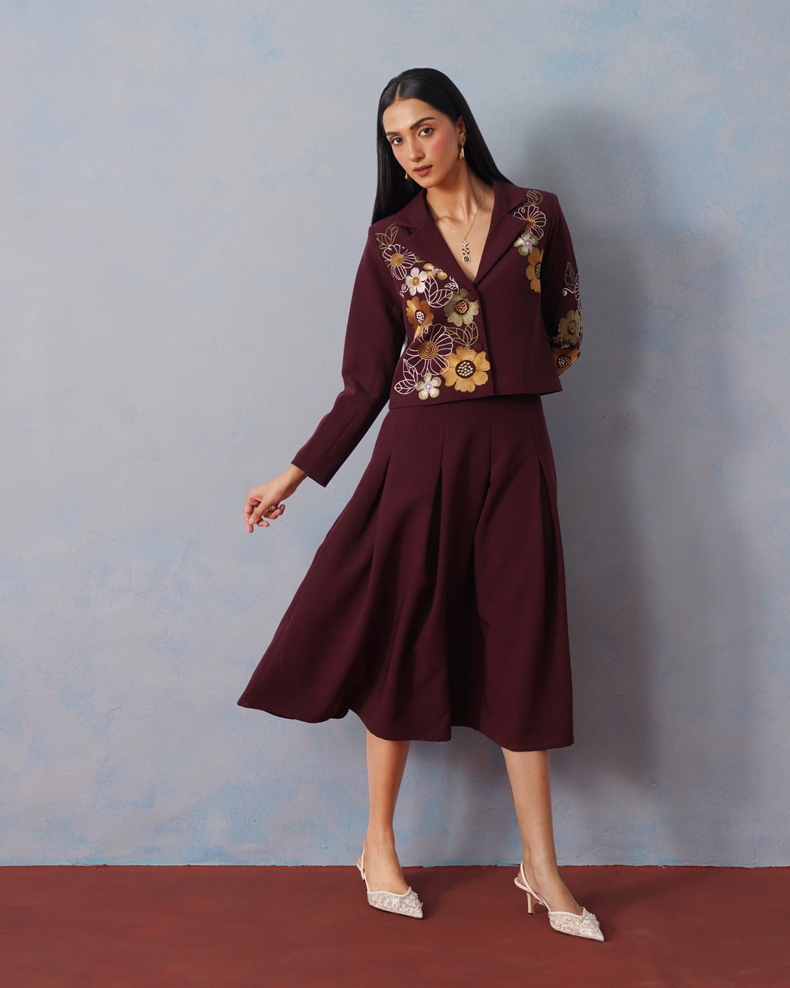The Lumière Edit - The Valentina Burgundy Embroidered Blazer & Pleated Skirt Set
