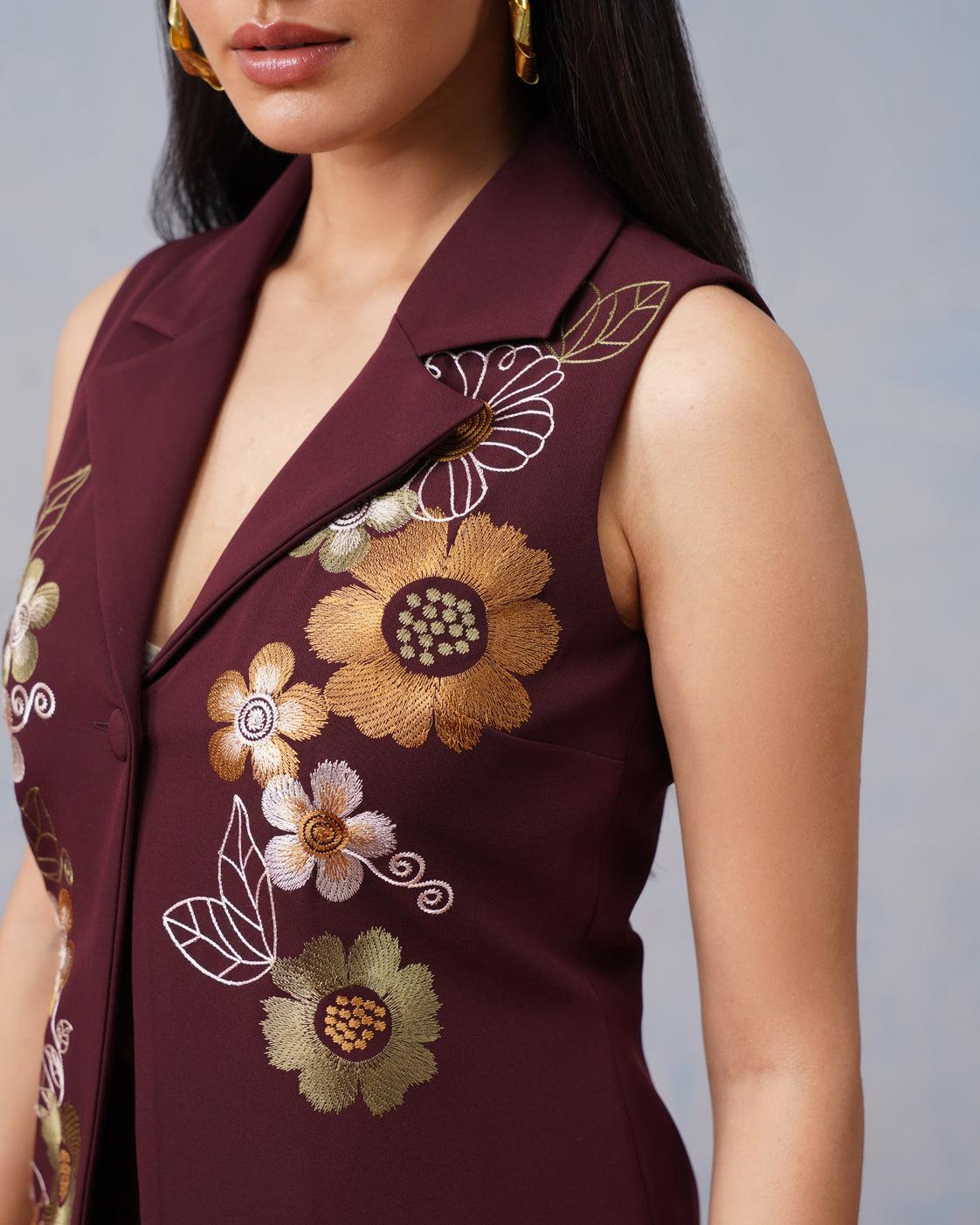 The Lumière Edit - The Genevieve Burgundy Embroidered Sleeveless Blazer & Flared Trouser Set