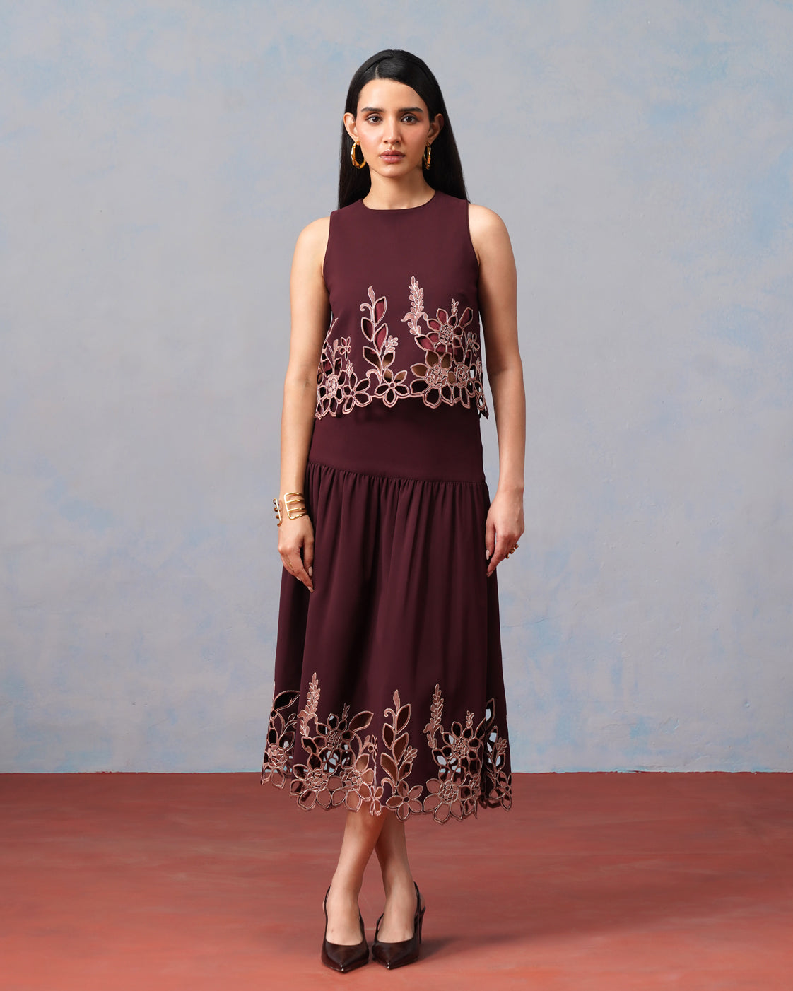 The Lumière Edit - The Amara Burgundy Floral Cutwork Skirt Set