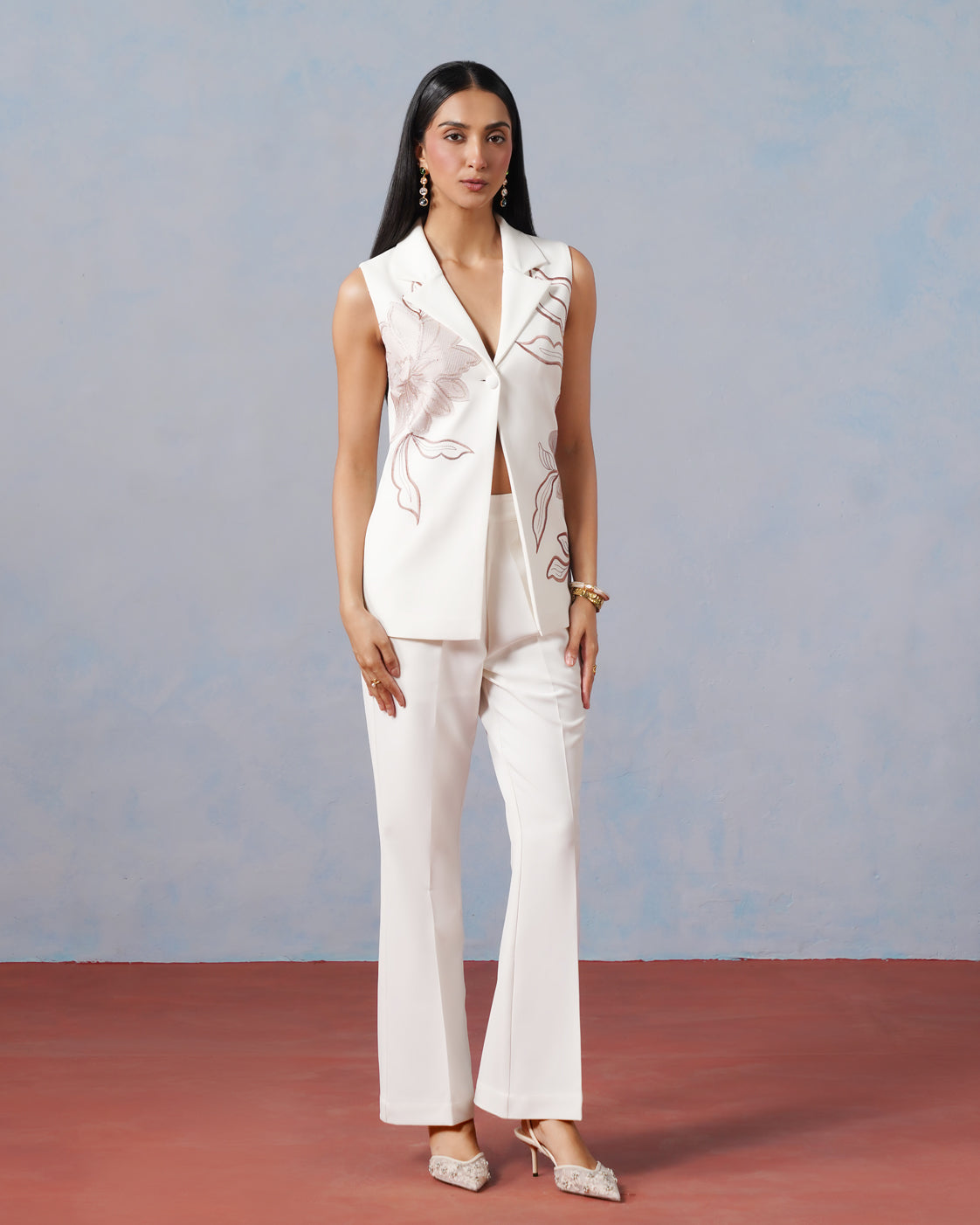 The Lumière Edit - The Liora Asymmetric Embroidered Sleeveless Blazer & Flared Pant Suit
