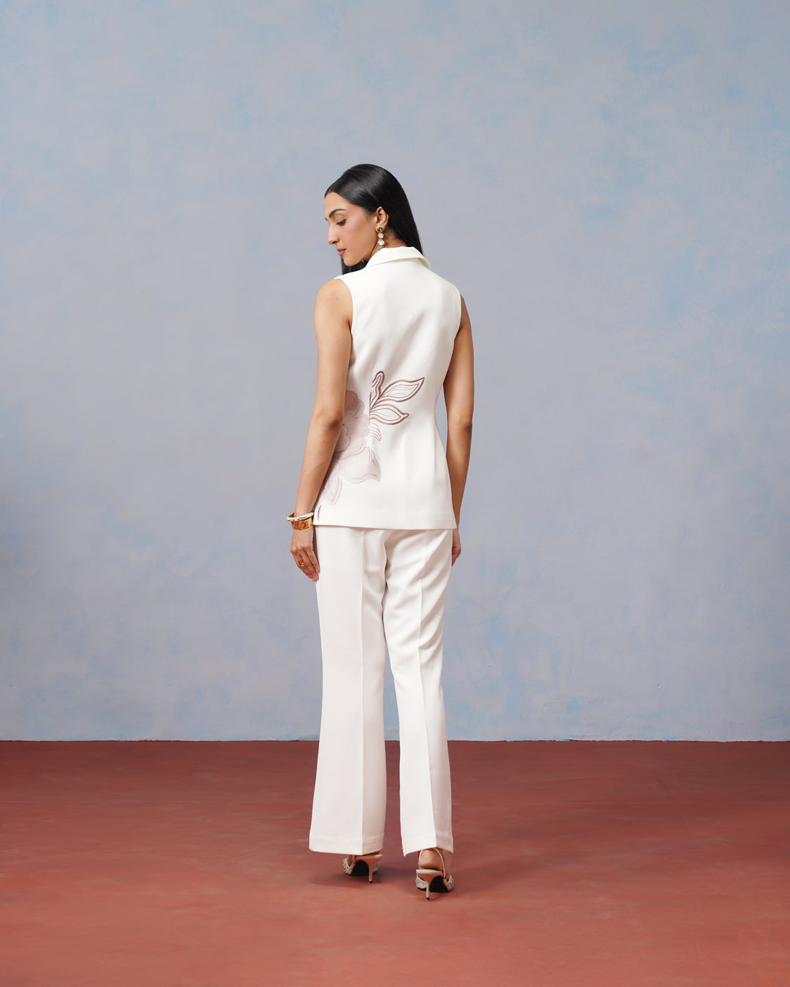 The Lumière Edit - The Liora Asymmetric Embroidered Sleeveless Blazer & Flared Pant Suit
