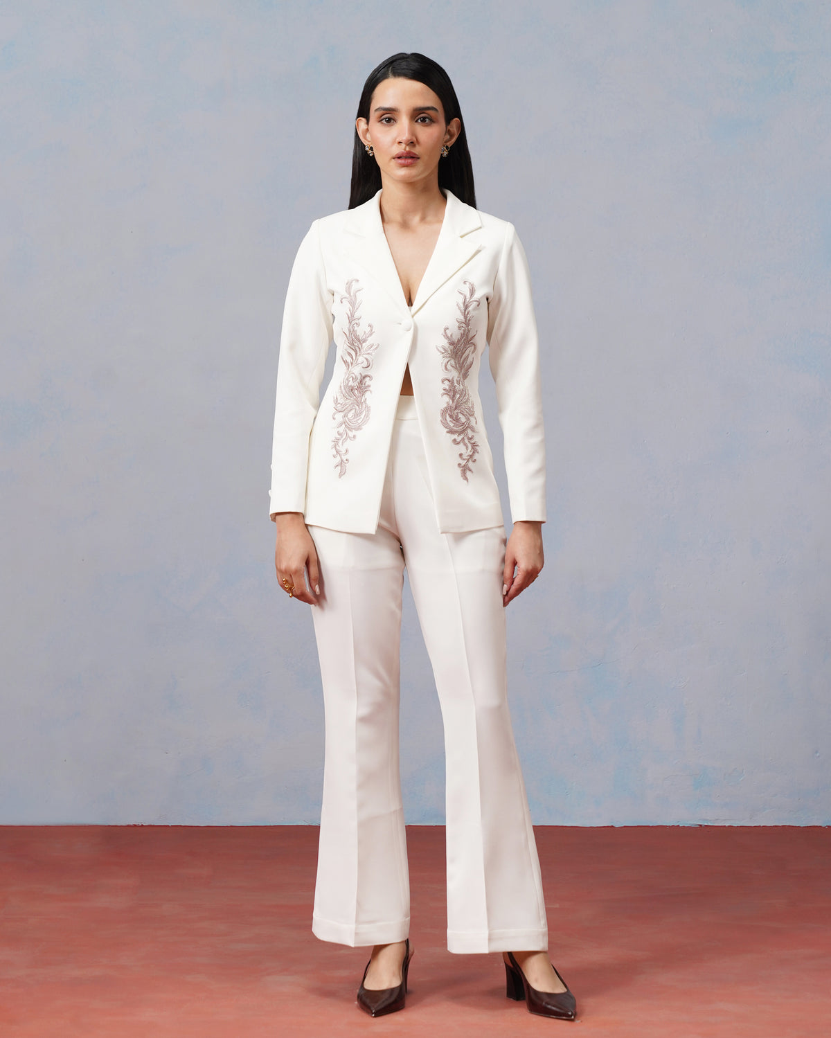 The Lumière Edit - The Celeste Ivory Baroque Embroidered Blazer & Flared Trouser Set