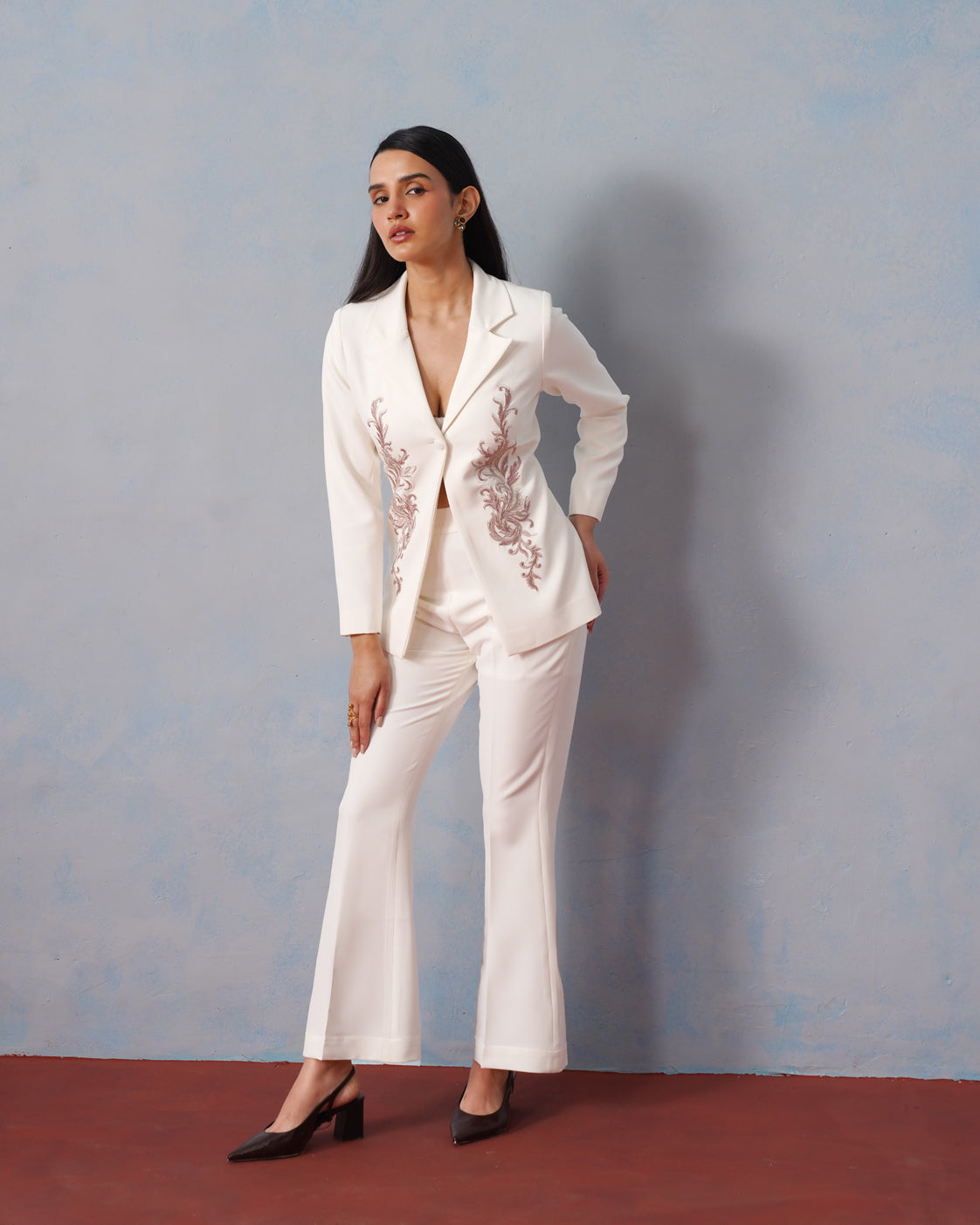 The Lumière Edit - The Celeste Ivory Baroque Embroidered Blazer & Flared Trouser Set