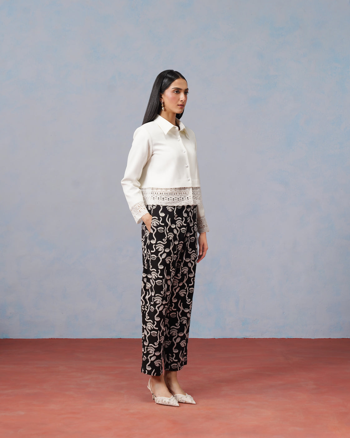 The Lumière Edit - The Nova Lace-Trimmed Cropped Shirt & Abstract Embroidered Trouser Set