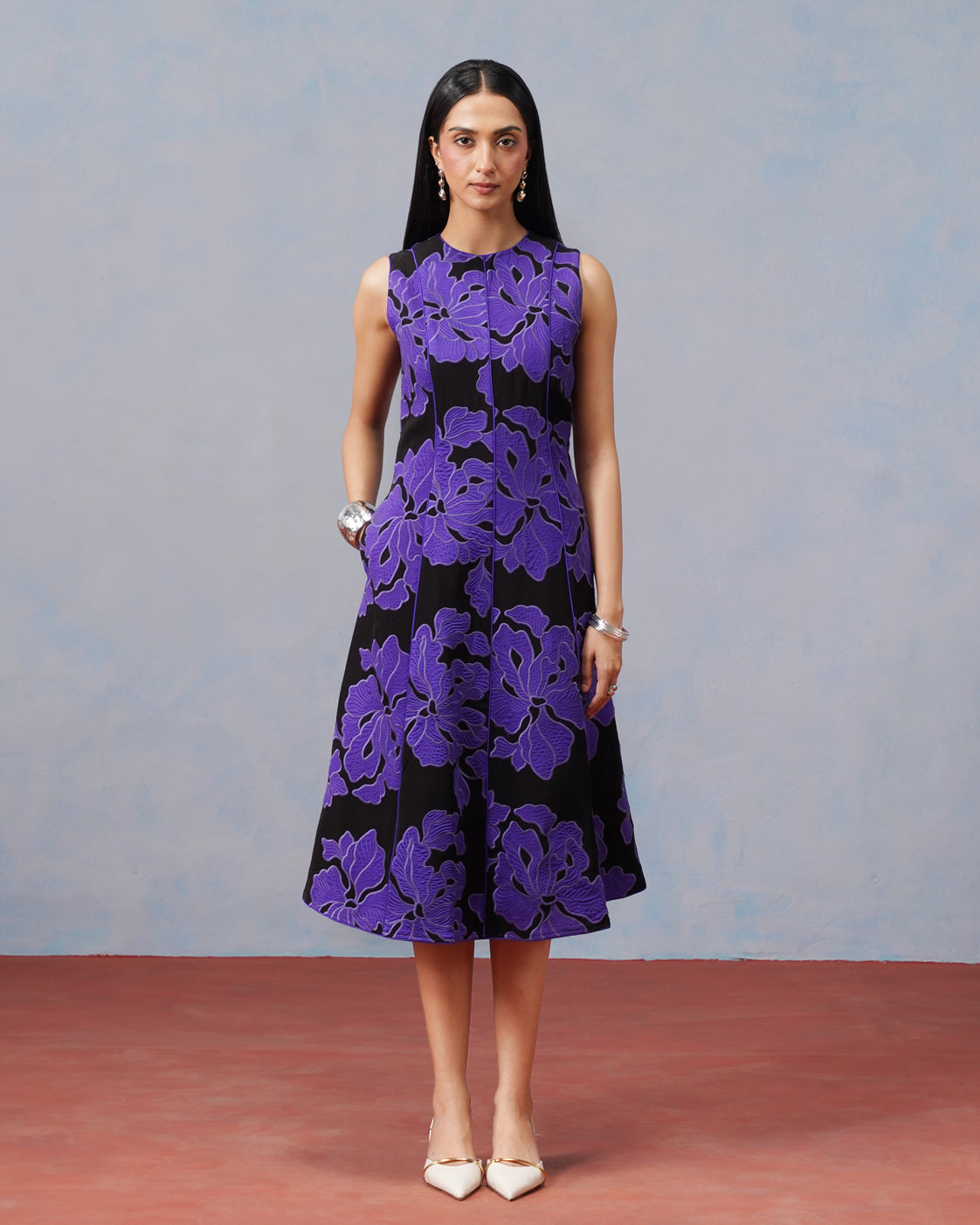 The Violette Crepe Appliqué A-Line Dress