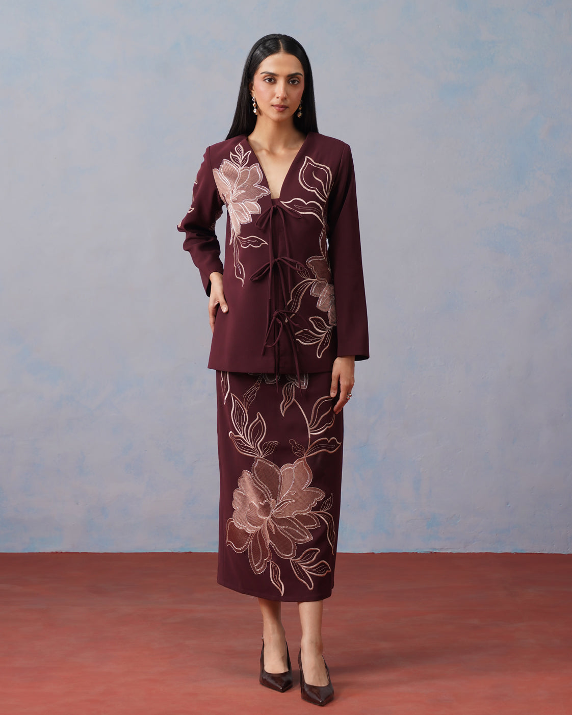 The Amara Burgundy Floral Embroidered Tie-Front Blazer & Skirt Set