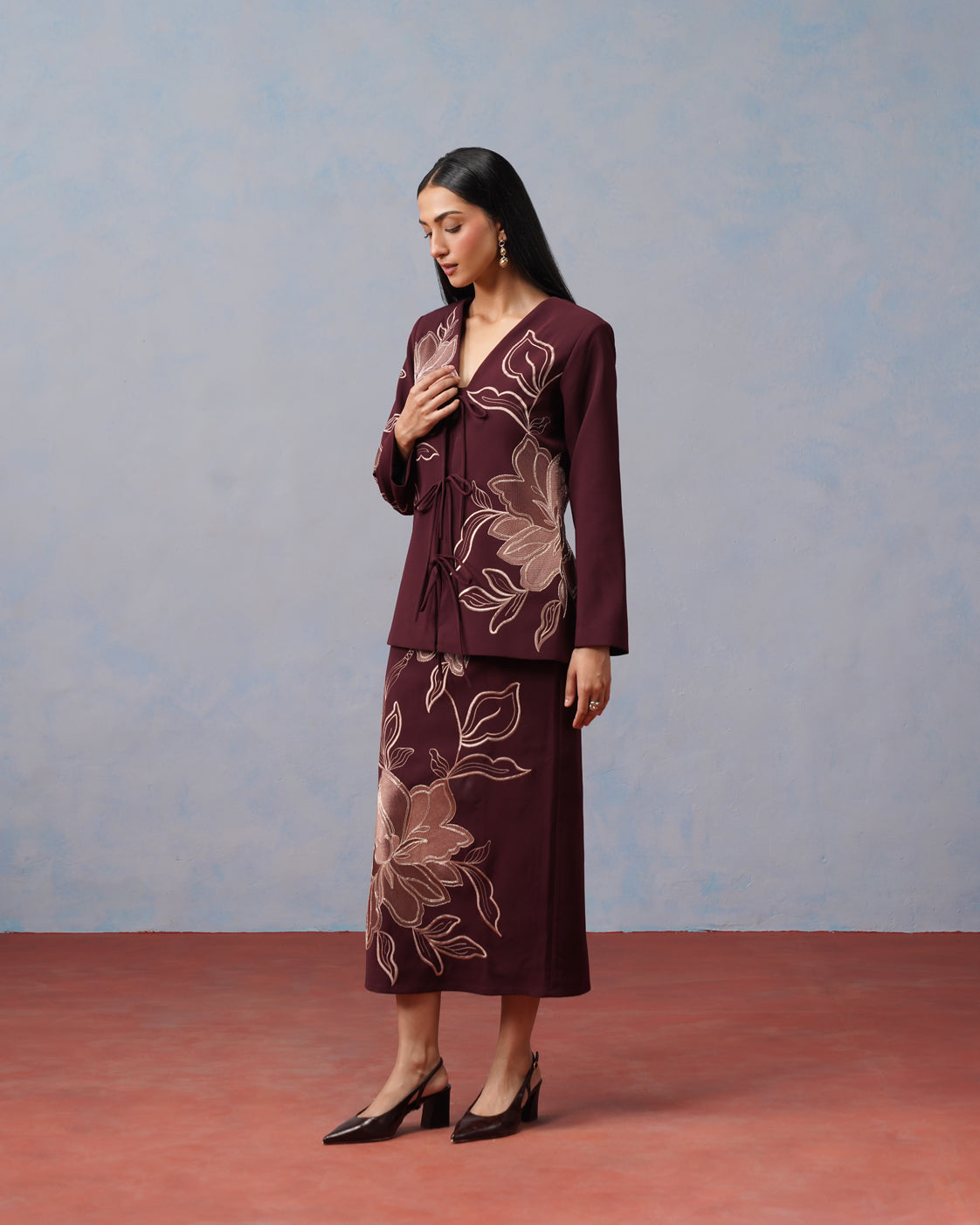 The Amara Burgundy Floral Embroidered Tie-Front Blazer & Skirt Set