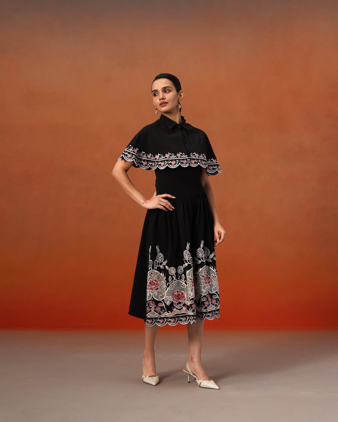 The Lumière Edit - The Elara Black Embroidered Cape & Midi Dress Set