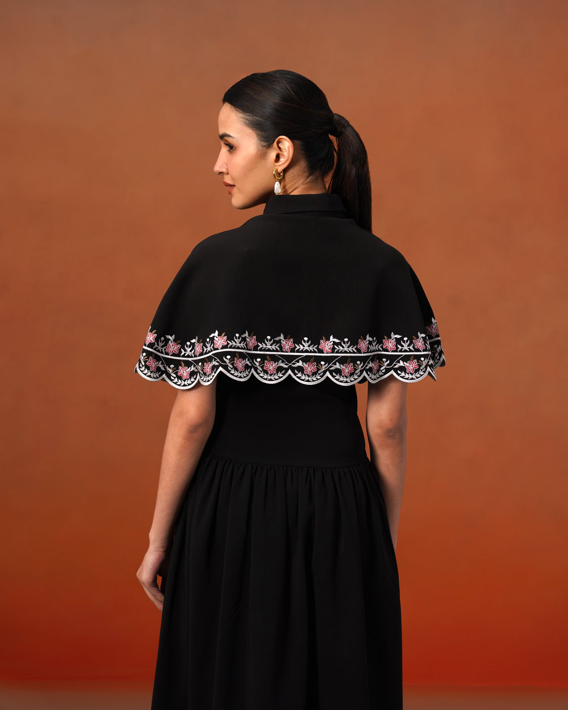 The Lumière Edit - The Elara Black Embroidered Cape & Midi Dress Set