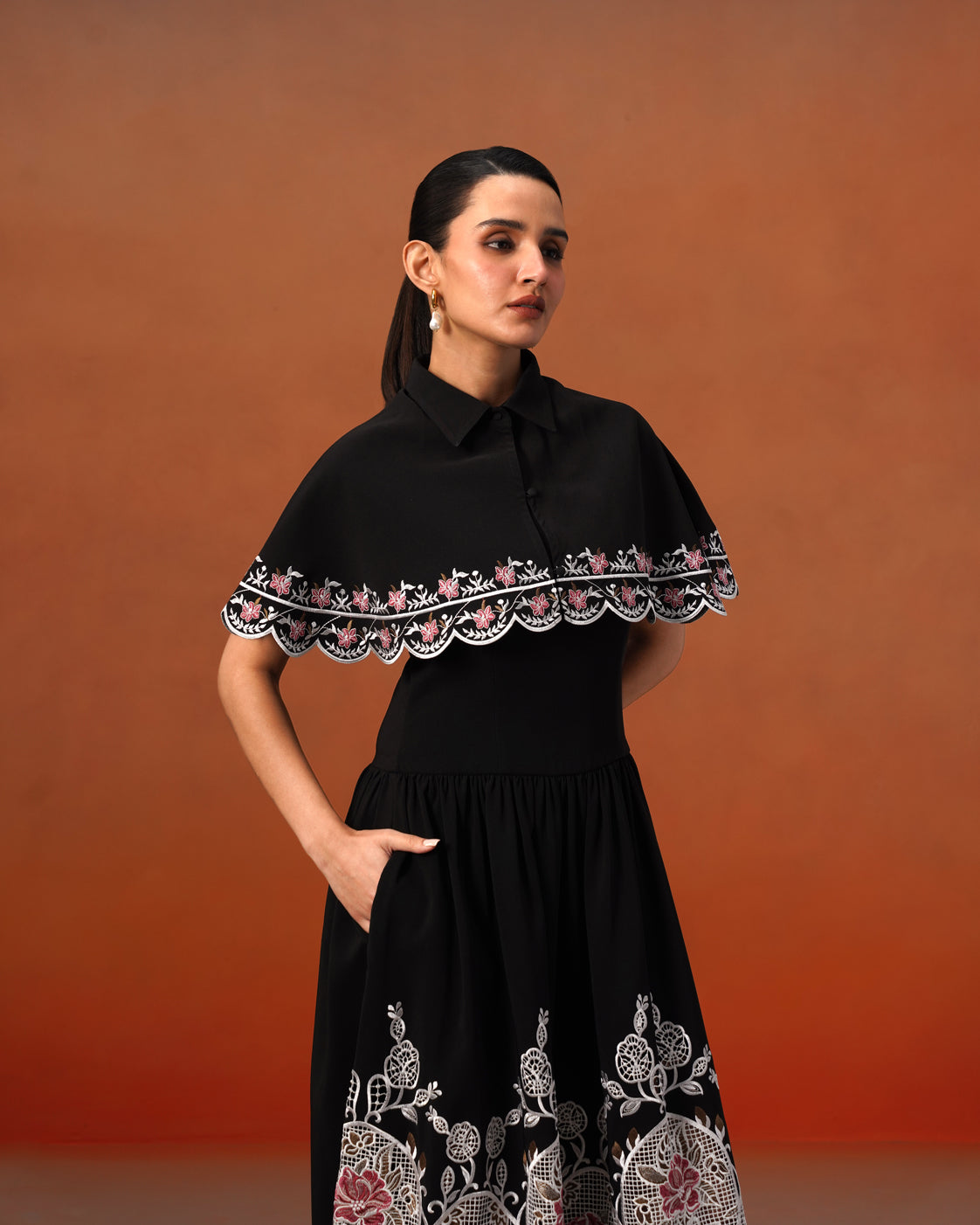 The Lumière Edit - The Elara Black Embroidered Cape & Midi Dress Set