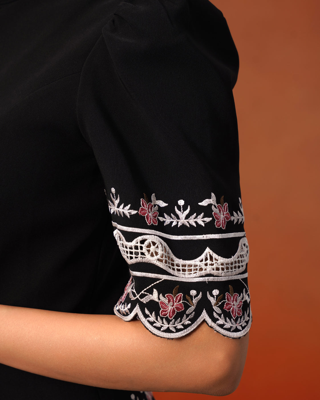 The Lumière Edit - The Lyra Black Floral Embroidered Mandarin Collar Top & Midi Skirt Set