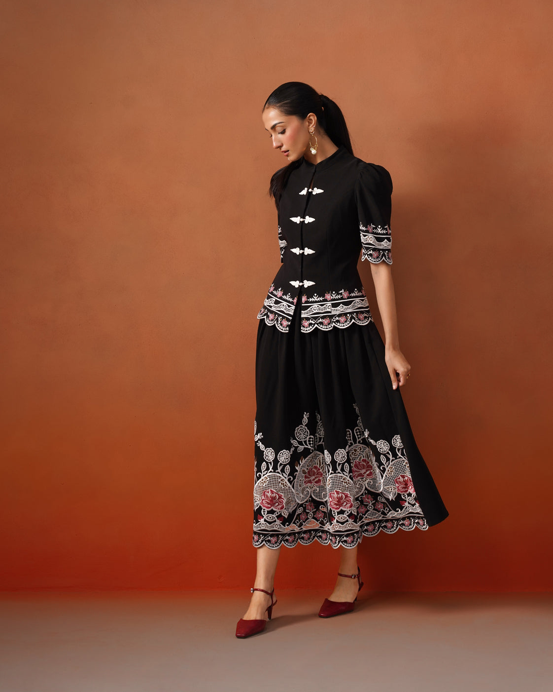 The Lumière Edit - The Lyra Black Floral Embroidered Mandarin Collar Top & Midi Skirt Set