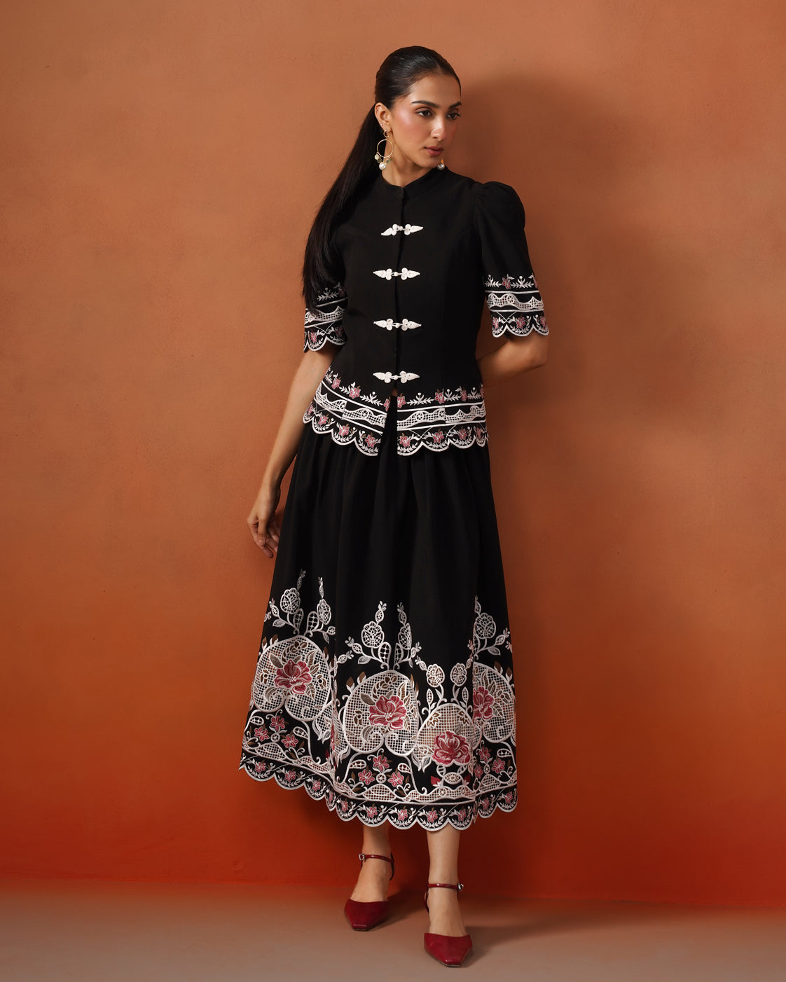 The Lumière Edit - The Lyra Black Floral Embroidered Mandarin Collar Top & Midi Skirt Set