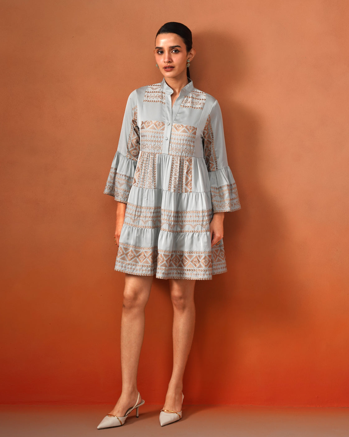 The Lumière Edit - The Elara Mist Blue Embroidered Tiered Dress