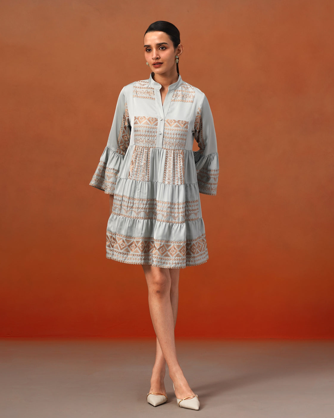 The Lumière Edit - The Elara Mist Blue Embroidered Tiered Dress